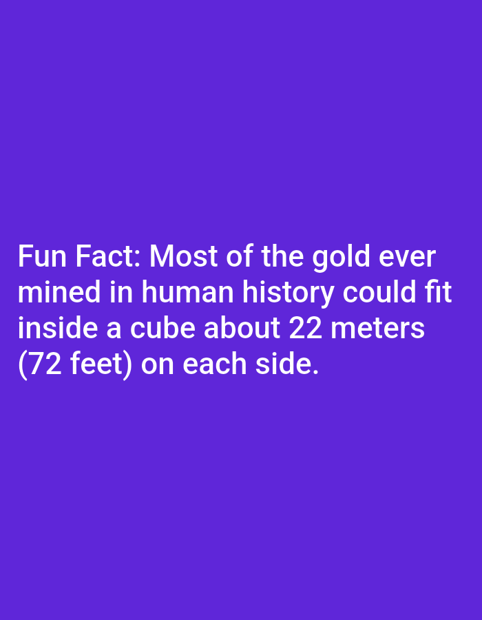 The image displays white text on a solid purple background. The text reads: "Fun Fact: Most of the gold ever mined in human history could fit inside a cube about 22 meters (72 feet) on each side." There are no people, objects, or environmental details present in the image. The location of Lagos, Nigeria is not depicted or referenced in the image.
