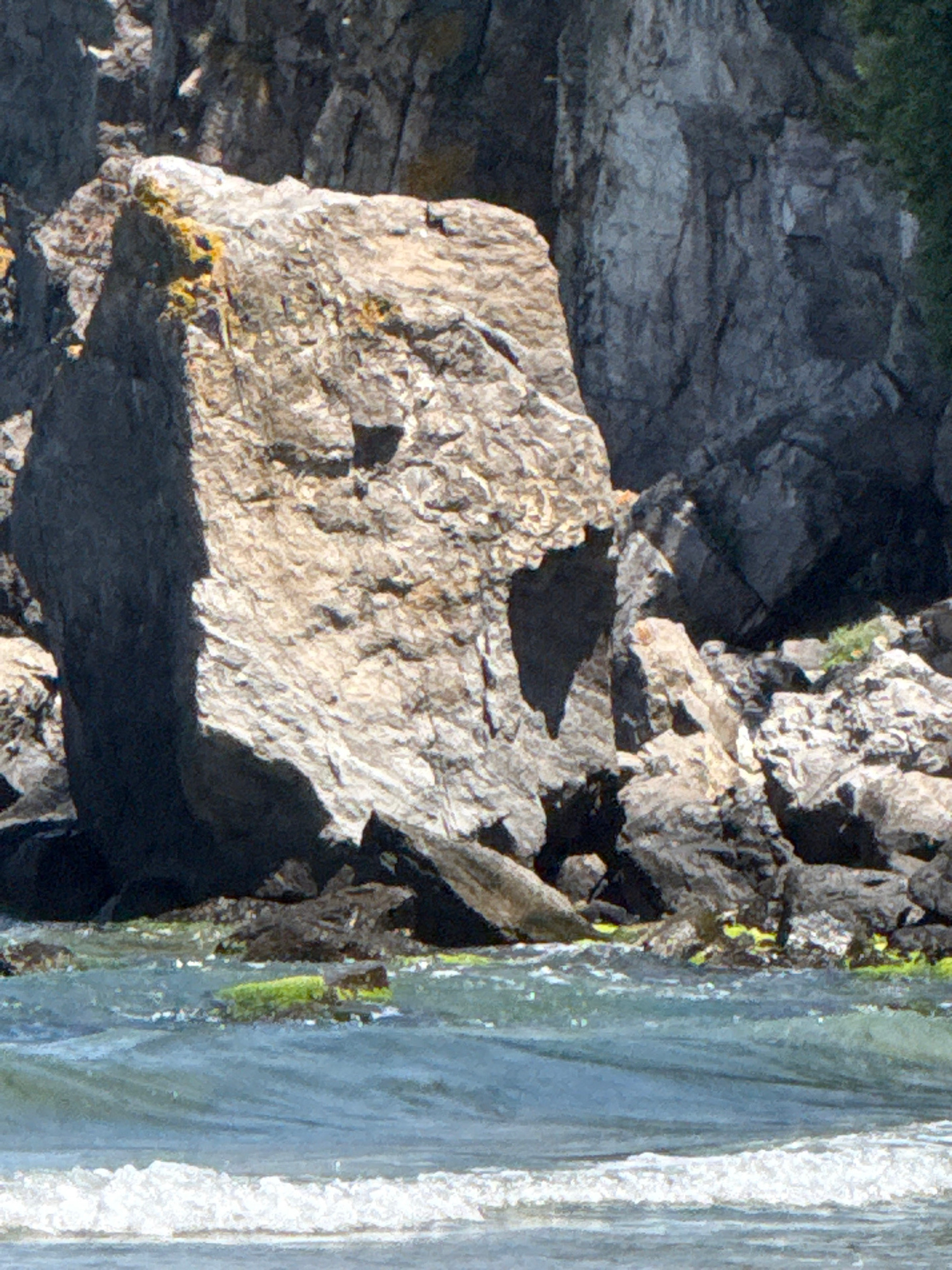A large, angular boulder dominates the foreground, its surface textured and bearing patches of yellow lichen. It is situated at the edge of a rocky shoreline where the water meets the land. The sea is a vibrant blue-green, with small waves cresting and white foam indicating their movement. In the background, a steep, rocky cliff face rises dramatically, showing layers of geological strata and shadows cast by the harsh sunlight. The overall impression is of a rugged, natural coastal landscape.