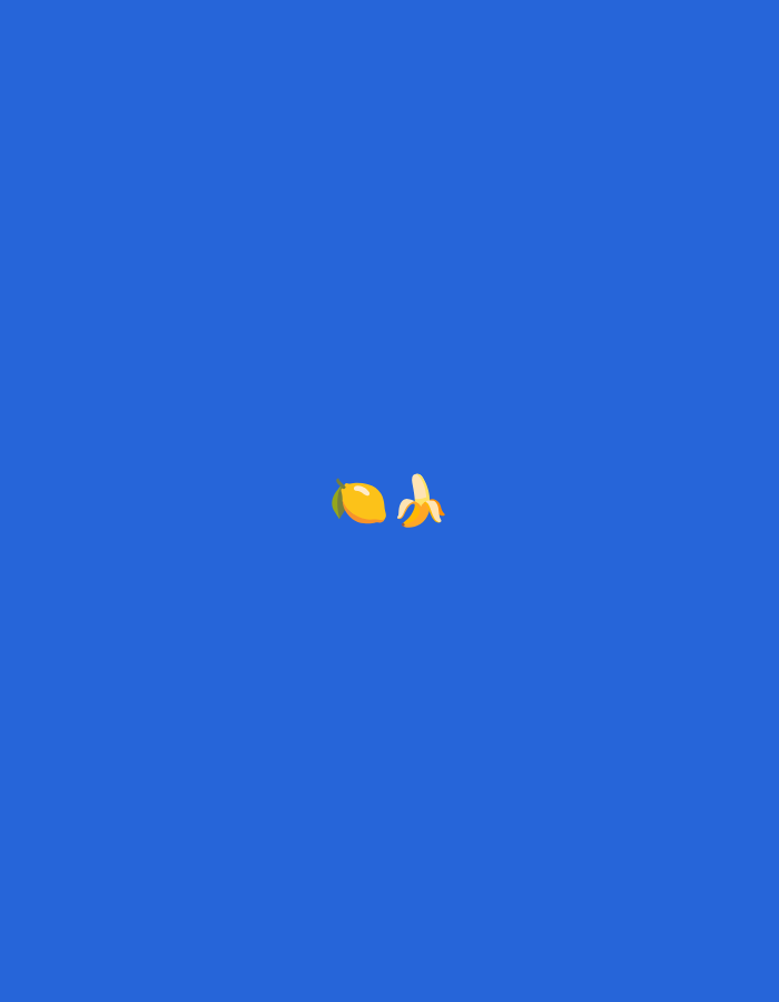 The image is a vertical, full-frame shot of a solid blue background with a minimalist depiction of two fruits: a yellow lemon and a peeled banana. The fruits are positioned in the lower-middle portion of the frame, close to each other, with the lemon on the left and the banana on the right. The lemon is depicted as a whole, round fruit with a small stem. The banana is shown partially peeled, with its white flesh exposed. Both fruits have a cartoony, stylized appearance with clear outlines and flat coloring. The background is a consistent, vibrant shade of blue, devoid of any other elements or textures. There is no discernible context of location, environment, or activity, and no people are present. The image does not contain any elements that would associate it with Kuta Selatan, Indonesia or any specific geographical location.