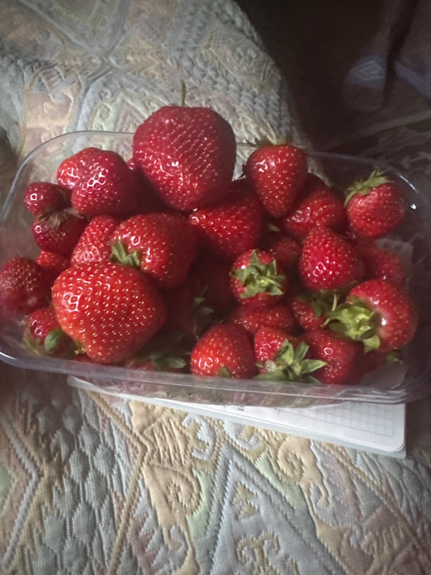 A clear plastic container filled with fresh strawberries is positioned on a textured, light-colored fabric surface, possibly a blanket or tablecloth with a pattern of interwoven geometric and floral shapes in shades of beige, white, and pastel yellow. The strawberries vary in size and ripeness, with a few larger, prominent ones on top. The scene appears to be indoors, given the soft lighting and fabric backdrop. The location is not specified in the image, and no people are visible.