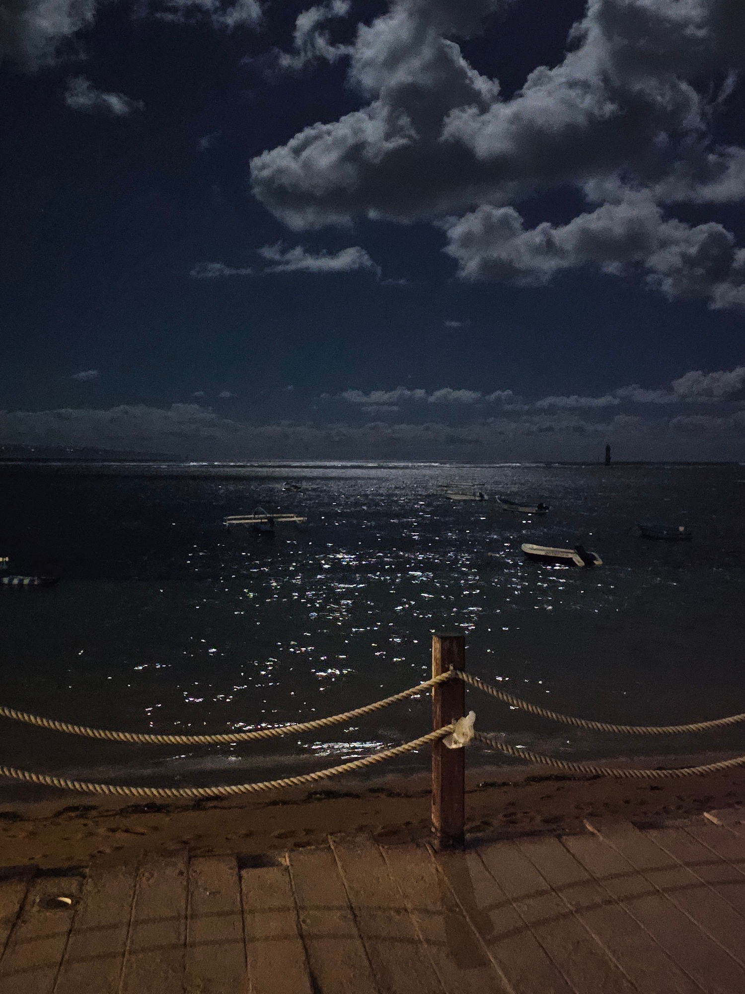The image depicts a nighttime scene at a waterfront, possibly a harbor or pier, in Denpasar, Indonesia. The composition is oriented vertically, with the sky occupying the left half and the water and pier on the right.
In the sky, dark, textured clouds are visible against a deep blue-black night sky, suggesting a partly cloudy or overcast condition. The water is dark and reflects the ambient light, creating shimmering highlights that suggest movement on the surface. Several small objects, possibly boats or buoys, are scattered across the water. In the distance, a faint line of lights indicates a shoreline or a more populated area.
On the right side of the image, a wooden pier or walkway is visible. It is constructed from planks and appears well-lit by artificial light, casting a warm glow on the surface. A thick rope is secured to a wooden post on the pier and hangs down towards the water, indicating a mooring or docking area.
The overall mood of the image is serene and quiet, characteristic of a nighttime coastal scene. The reflections on the water and the stark contrast between the dark sky and the illuminated pier create a visually interesting composition. No people are clearly visible, and there is no discernible text in the image. The time of day is clearly night.