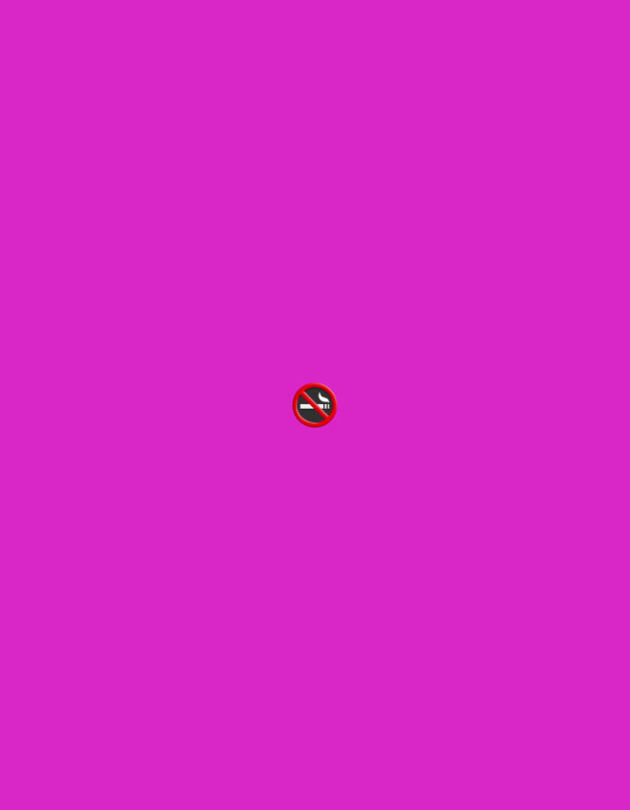 The image is a digital graphic with a solid magenta background. Centered within the frame is a no smoking symbol. The symbol consists of a black cigarette with smoke, superimposed on a white circle, all enclosed within a red circle with a diagonal red line through it. There is no visible text in the image. The setting is indeterminate due to the plain background, but the no smoking symbol suggests a public or indoor space where smoking is prohibited. No people, animals, or other objects are present. The image appears to be a static graphic, with no discernible activity or event taking place.