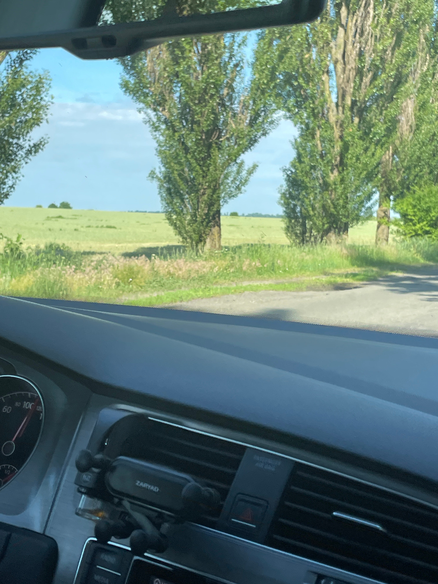 The image shows a view from inside a car, looking out through the windshield. Tall, green trees line a paved road on the right side of the frame, bordering a vast green field under a bright blue sky with scattered clouds. The car's dashboard is visible in the foreground, with a phone mount attached to the air vent and part of the instrument cluster showing. The overall scene depicts a drive through a rural or suburban area on a sunny day.
