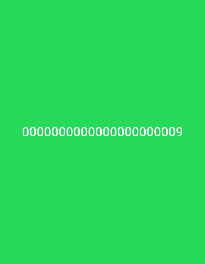 The image displays a plain, bright green background. Centered on the background, in white text, is the number sequence "0000000000000000000000000000000000000000000000000000000000000000000000000000000000000000000000000009". There is no discernible information linking this image to Bena-Yurt, Russia, or any specific location within a city. The scene contains no people, subjects, objects, actions, or interactions beyond the text.