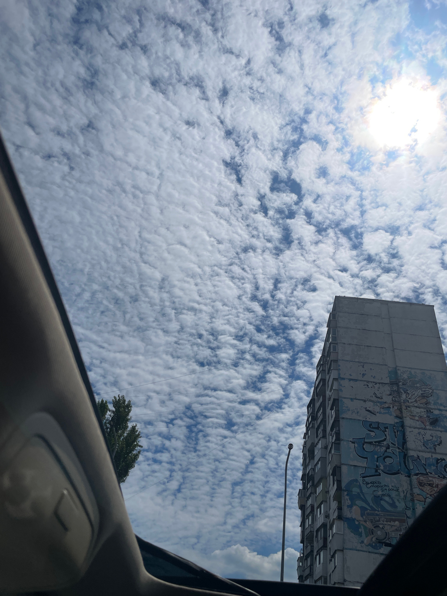 This image captures a cloudy sky over a residential building with graffiti in Kyiv, Ukraine. The perspective is from inside a vehicle, with a portion of the car's interior visible in the foreground, suggesting the photo was taken from a moving car or a stationary car parked on a street. The sky is filled with small, fluffy clouds that create a textured pattern against the blue sky. The sun is visible in the upper right corner, peeking through the clouds and creating a bright, diffused light.
Dominating the right side of the frame is a tall, multi-story residential building. It appears to be an older Soviet-era apartment block, with a somewhat worn and weathered facade. The building is adorned with graffiti, predominantly in shades of blue and white, featuring stylized lettering and possibly some illustrative elements. The graffiti is extensive and covers a significant portion of the building's exterior.
To the left of the building, a single street lamp is visible, its thin pole extending upwards towards the sky. Behind the building and to the left, the top of a large, leafy green tree is visible. Power lines are also present, stretching horizontally across the frame in the upper mid-section. The overall impression is of a typical urban landscape in a residential area of Kyiv, likely during daylight hours.