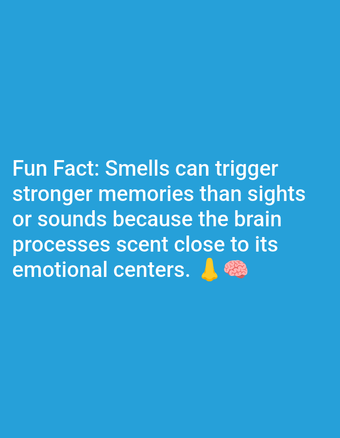 The image is a digitally rendered graphic with a solid blue background. White text is overlaid on the bottom half of the image. The text reads: "Fun Fact: Smells can trigger stronger memories than sights or sounds because the brain processes scent close to its emotional centers." To the right of the text are two emojis: a yellow nose emoji and a pink brain emoji. There is no indication of any location in Lagos, Nigeria.