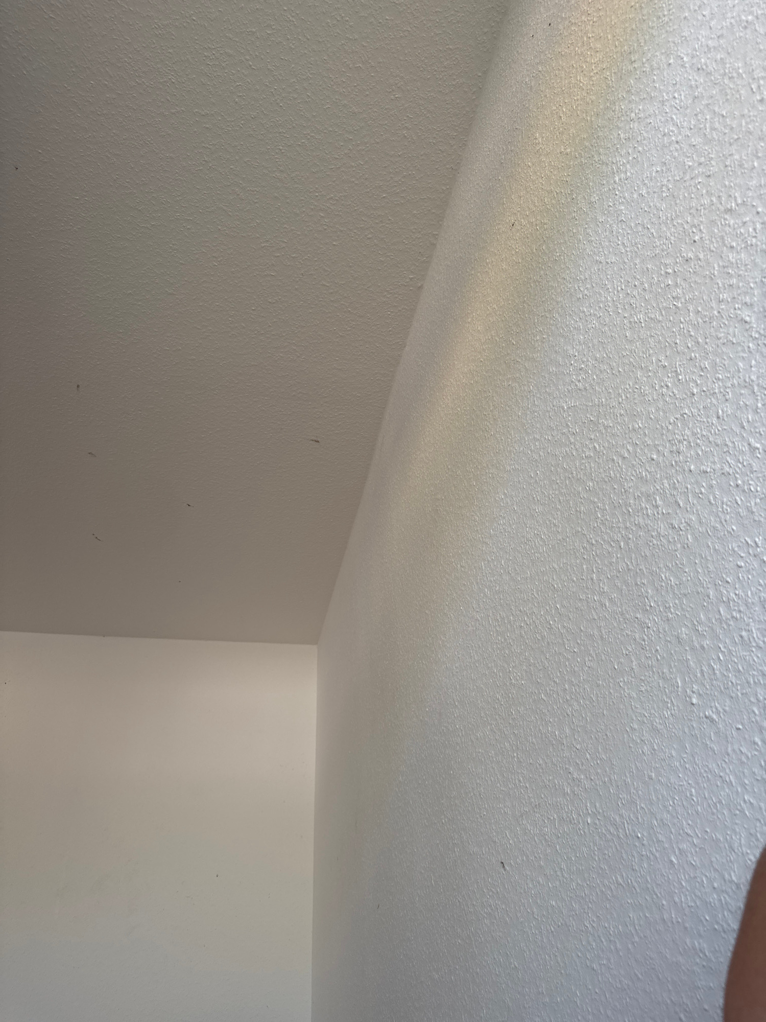 The image shows an interior corner where a textured ceiling meets a textured wall. The lighting suggests an indoor environment, possibly a room. The ceiling is off-white and shows some small dark specks. The wall is also textured and appears to be painted a light color, possibly white or a very light gray. There is a soft shadow or gradient of light falling on the wall from the left, indicating a light source from that direction. The perspective is looking upwards towards the ceiling and into the corner. The scene is static and does not depict any people or specific actions. The image does not provide any information about the city of Schkopau, Germany, or its geographical context.
