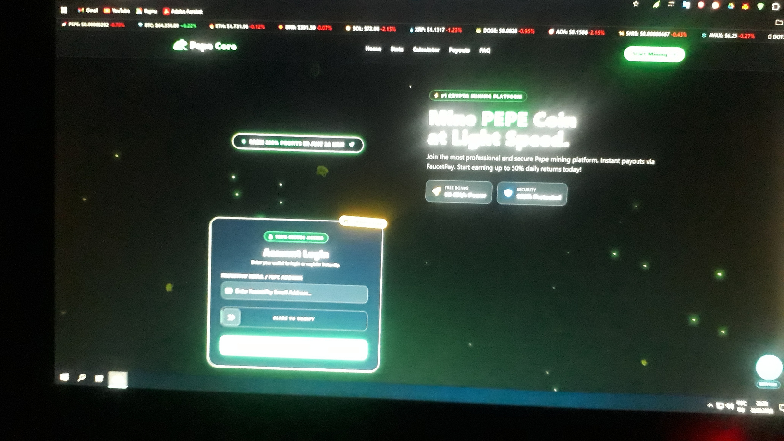 The image shows a computer screen displaying a website with a dark green background and neon green accents. The website appears to be for a cryptocurrency mining platform called "Pepe Core". In the center of the screen, there's a section titled "Mine PEPE Coin at Light Speed". Below this title, there's a description that reads, "Join the most professional and secure Pepe mining platform. Instant payouts via FaucetPay. Start earning up to 50% daily returns today!".
On the left side of the screen, there is a login form with the title "Account Login". It has fields to enter a "Reserved Email / PEPE Address" and "Enter FaucetPay Email Address". There's also a "SIGN TO VERIFY" button.
At the top of the screen, there is a browser tab bar with icons for Gmail, YouTube, and other websites. There is also a cryptocurrency price ticker displayed at the very top, showing prices for PEPE, BTC, ETH, and other currencies.
The environment is a dimly lit room, likely where the computer is located. There are no visible people in the image. The image quality is slightly blurry and grainy. The image is a screenshot or photograph of a computer monitor and does not contain any information related to the city of Romny, Ukraine.