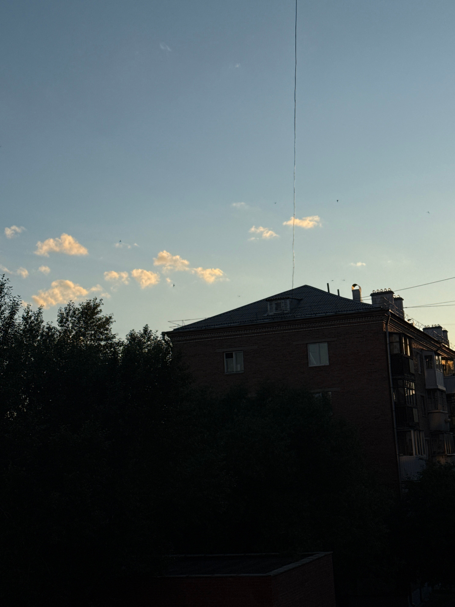 A tall, thin, dark line, possibly a wire or antenna, extends vertically from a multi-story brick apartment building towards a clear blue sky. Scattered, fluffy white and gold-tinted clouds drift across the sky. The building, made of red brick, has a pitched, dark gray roof with several chimneys and ventilation pipes. It features windows and balconies. In the foreground, a dense mass of dark green trees obscures the lower portion of the image, suggesting a residential area. The lighting indicates it is either sunrise or sunset, casting a warm glow on the clouds and parts of the building. The scene depicts a quiet, urban residential environment in Yekaterinburg, Russia.