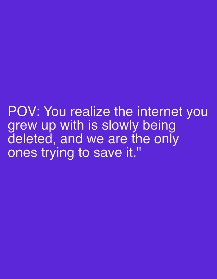 This is a digital image with a plain, solid purple background. White text is superimposed on the lower portion of the image. The text reads: "POV: You realize the internet you grew up with is slowly being deleted, and we are the only ones trying to save it." There are no people, objects, or discernible scene or setting present in the image, making it purely text-based content against a monochromatic backdrop. The emotion conveyed by the text is one of reflection and concern about the perceived loss or degradation of the internet. The location context of Lobosh, Bulgaria, is not visually represented or referenced in the image itself.