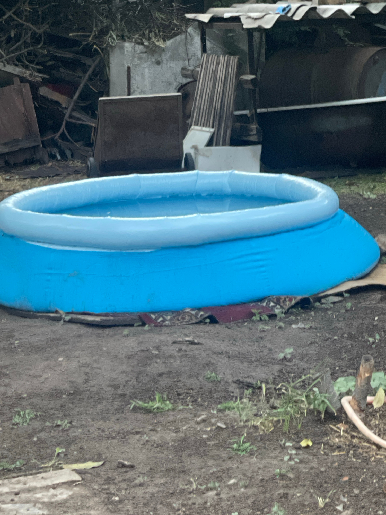 An inflatable, light blue kiddie pool is situated on the ground, partially filled with water. The pool is oriented vertically in the frame. To the left of the pool, there's a cluttered area with various items including what appears to be a dark-colored cylindrical object, possibly a tank or barrel, stacked wooden planks, and some metal or wooden crates. Some white fabric is also visible on the left side. The ground around the pool is predominantly dirt with sparse green vegetation growing in patches. A portion of a patterned rug or mat is visible beneath the pool. The overall scene suggests an outdoor, possibly backyard setting. The lighting indicates it is daytime. There is no visible text in the image. The image was taken in Bishkek City, Kyrgyzstan.