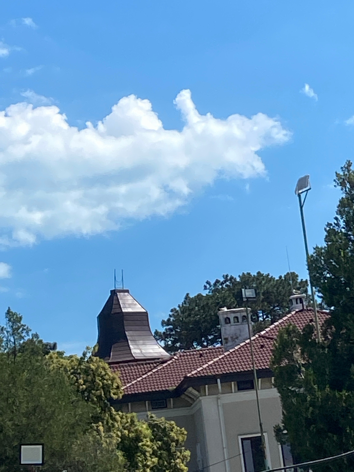 This is a vertically oriented photograph showing a clear blue sky with scattered white clouds. In the upper portion of the image, a street lamp extends from the right, its fixture angled downwards. To the right of the lamp, the roofline of a building with reddish-brown tiles is visible, partially obscured by lush green trees. The building appears to have at least two stories, with windows visible.
A prominent architectural feature of the building is a dark, conical turret or spire with metallic trim, rising from the roof. There are also several lights mounted on the building, some appearing to be floodlights. The overall scene suggests an outdoor setting, likely in a town or city, given the presence of the street lamp and building. The bright sky and sunlight indicate it is daytime, likely a clear or partly cloudy day. The foliage suggests it could be spring, summer, or early autumn.
The photograph has a slightly tilted perspective, making the sky appear to dominate the frame. No people are visible in the image. No text is legible. The scene evokes a sense of a normal, bright day in a European setting, potentially Varna, Bulgaria, based on the location context provided.