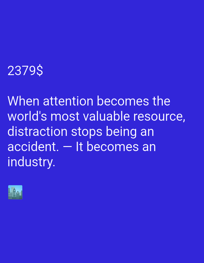 This is a digital image with a solid royal blue background. In the upper left corner, the text "2379$" is displayed in white. Below this, a quote is written in white, sans-serif font, spanning several lines: "When attention becomes the world's most valuable resource, distraction stops being an accident. - It becomes an industry." In the lower left corner, there is a small, pixelated emoji of a city skyline. There are no people or other discernible objects in the image besides the text and the emoji. The image appears to be a graphic intended to convey a message, possibly related to business, economics, or technology. There are no cues about the time of day, weather, or specific location.