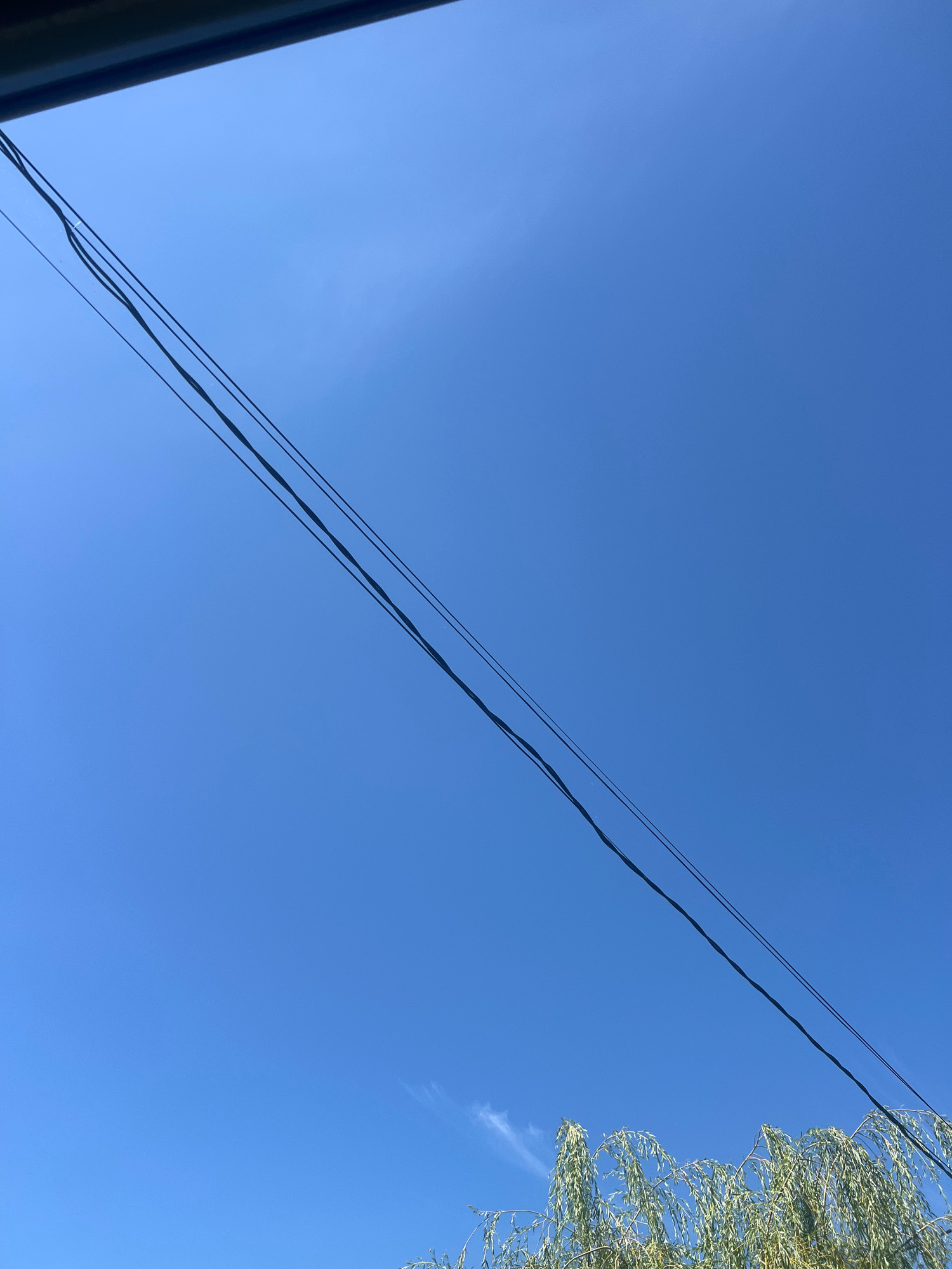The image depicts a clear blue sky with a few wispy clouds. Three dark, thin electrical wires are strung diagonally across the frame from the top left to the bottom right. In the lower right corner, the drooping branches of a tree with green foliage are visible. The scene appears to be an outdoor setting, likely in a residential or semi-rural area given the presence of overhead wires and a tree. The location is identified as Bârnova, Romania.
