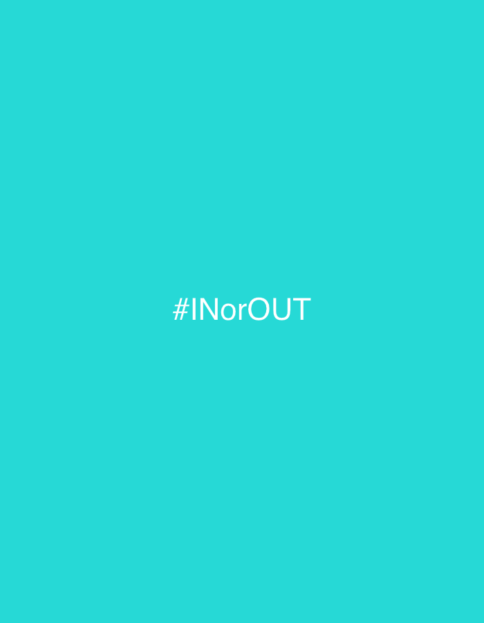The image is a solid cyan background with the white text "#INorOUT" centered horizontally. There is no indication of the city of Strelcha, Bulgaria, or any other specific location within it. The image contains no people, subjects, objects, actions, or interactions.
