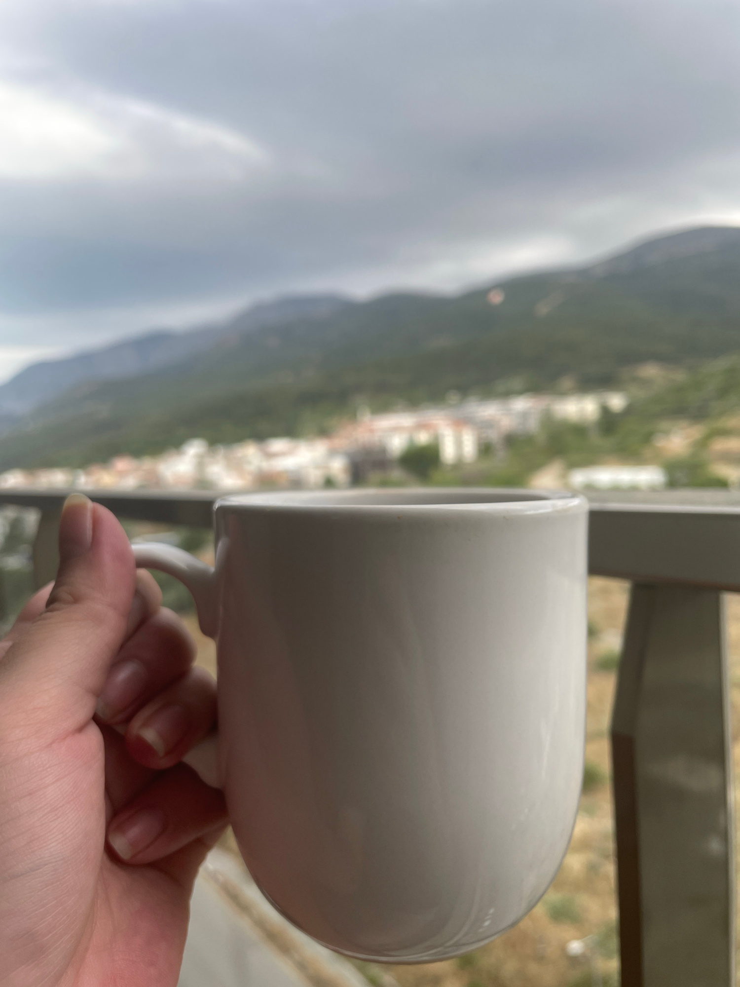 A hand holds a white ceramic mug, its smooth, curved surface catching the light. The mug is held by the handle, with the thumb and forefinger visible against its white glaze. The background is a blurred landscape, suggesting a view from a window or balcony. Rolling hills covered in green vegetation dominate the scene, with hints of buildings or structures nestled within the greenery. The sky appears overcast, with soft, diffused light indicating either early morning or a cloudy day. The overall impression is one of a tranquil moment, perhaps enjoying a quiet drink while taking in the natural scenery. No visible text is present in the image. The location context of Yunus Emre, Turkey, suggests this landscape could be characteristic of the region's hilly terrain and vegetation.