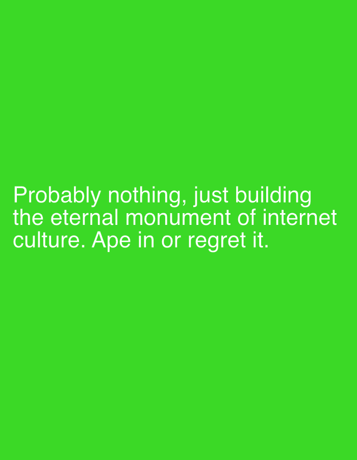 The image is a plain green background with white text. The text reads: "Probably nothing, just building the eternal monument of internet culture. Ape in or regret it." There are no people, objects, or environmental details visible. The text is centered horizontally and located in the lower half of the image. There is no information provided about the city of Lobosh, Bulgaria.
