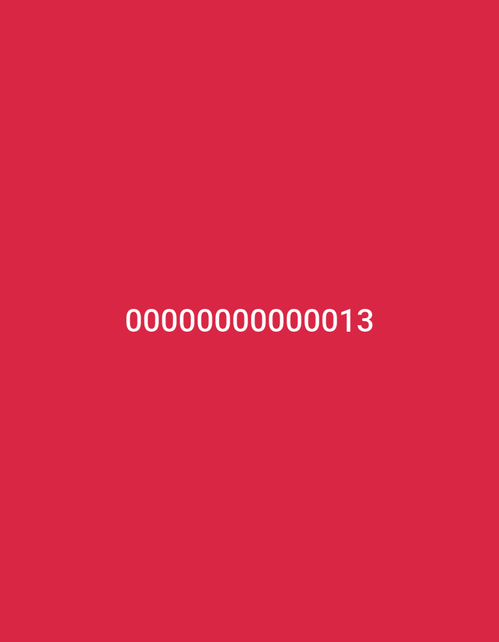 This is a static image against a solid red background. Centered in the image is the text "00000000000013" in white, sans-serif font. There are no people, objects, or any discernible scene or setting. The image appears to be a simple digital display of a numerical sequence. No activity or event is taking place. There are no details regarding time of day, weather, or location cues, other than what may be inferred from the file name. The only notable detail is the visible text.