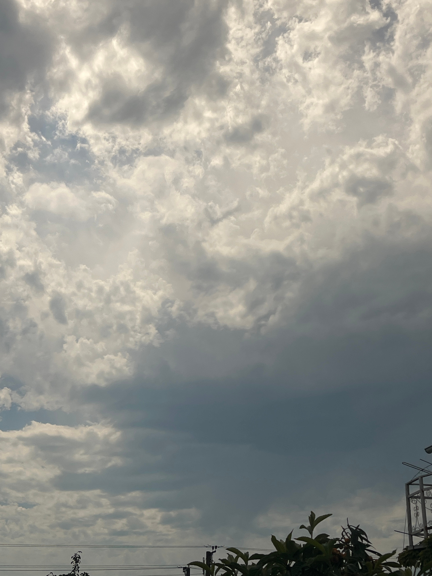 The image shows a cloudy sky with some sunlight filtering through the clouds. In the foreground, there are some green leaves and branches of a plant. The lower right corner of the image shows a glimpse of a structure that appears to be a part of a building or a rooftop installation. There are also power lines visible in the distance. The overall scene suggests an outdoor environment, possibly in a residential or semi-urban area.