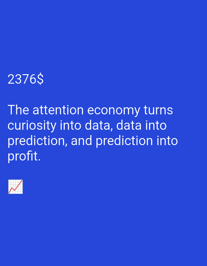 A digital image displays text on a solid blue background. At the top left, the numbers "2376$" are visible in white. Below this, a quote in white text reads: "The attention economy turns curiosity into data, data into prediction, and prediction into profit." At the bottom left, a small, simplified graph with a red line trending upwards against a grid is depicted. The image contains no discernible elements relating to a specific city or location.