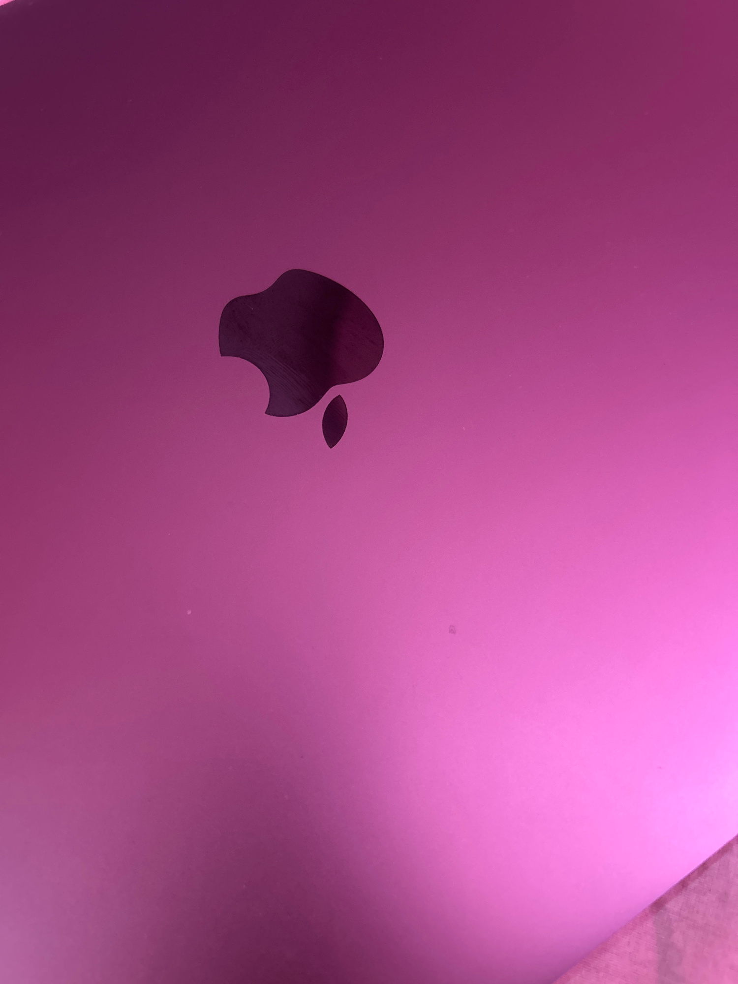 The image shows a close-up of the back of a pink Apple laptop, featuring the iconic Apple logo. The logo is black and slightly reflects the light. The background is a smooth, gradient pink surface, likely the laptop's casing. There are no people or any elements of an outdoor environment visible. The image is focused on the product itself, with no indication of its location in Knezha, Bulgaria, or any other specific geographical context.