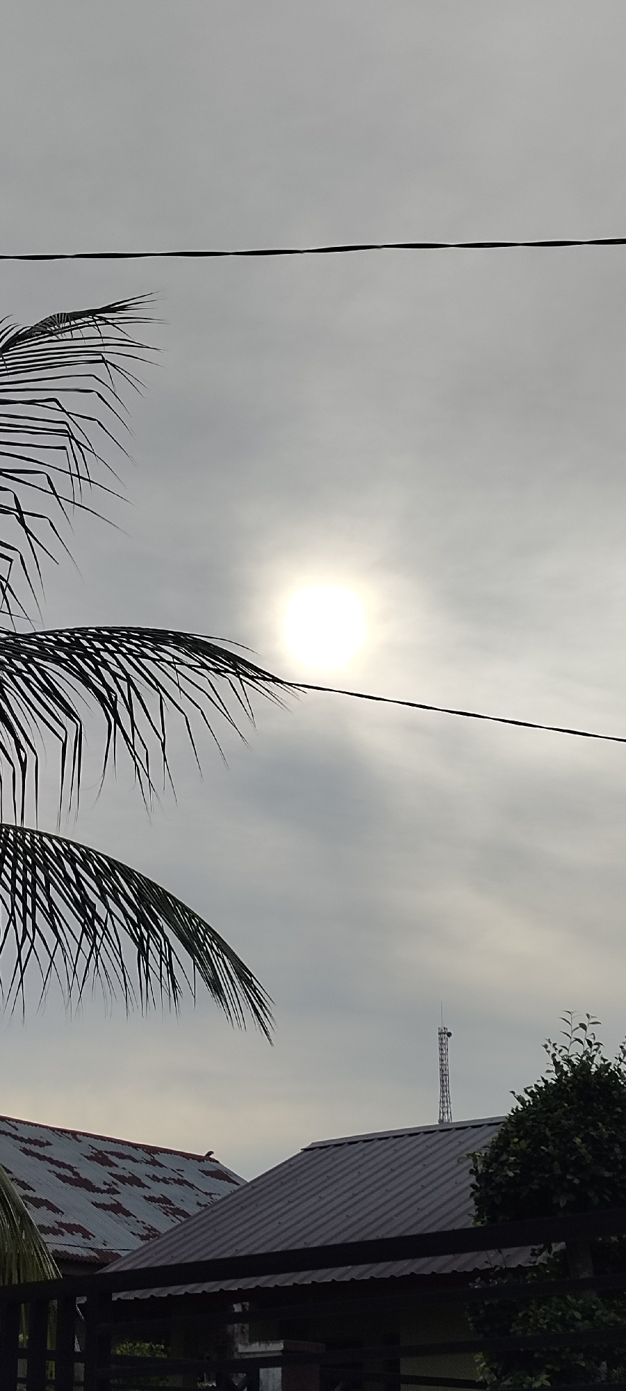 This image captures a cloudy sky with the sun partially obscured by clouds, creating a diffused bright light. In the foreground, the dark silhouettes of palm fronds are visible against the sky. A thin power line stretches horizontally across the upper portion of the frame. Below the sky, the rooftops of several buildings are visible, with one having a corrugated metal roof with rust patterns. A tall communications tower stands on top of one of the buildings. Vegetation, including trees and bushes, can be seen on the right side of the frame. The overall scene suggests an outdoor setting, possibly in a residential or semi-urban area of Lhokseumawe, Indonesia, given the tropical vegetation and building styles. The light conditions indicate it is daytime, but overcast.