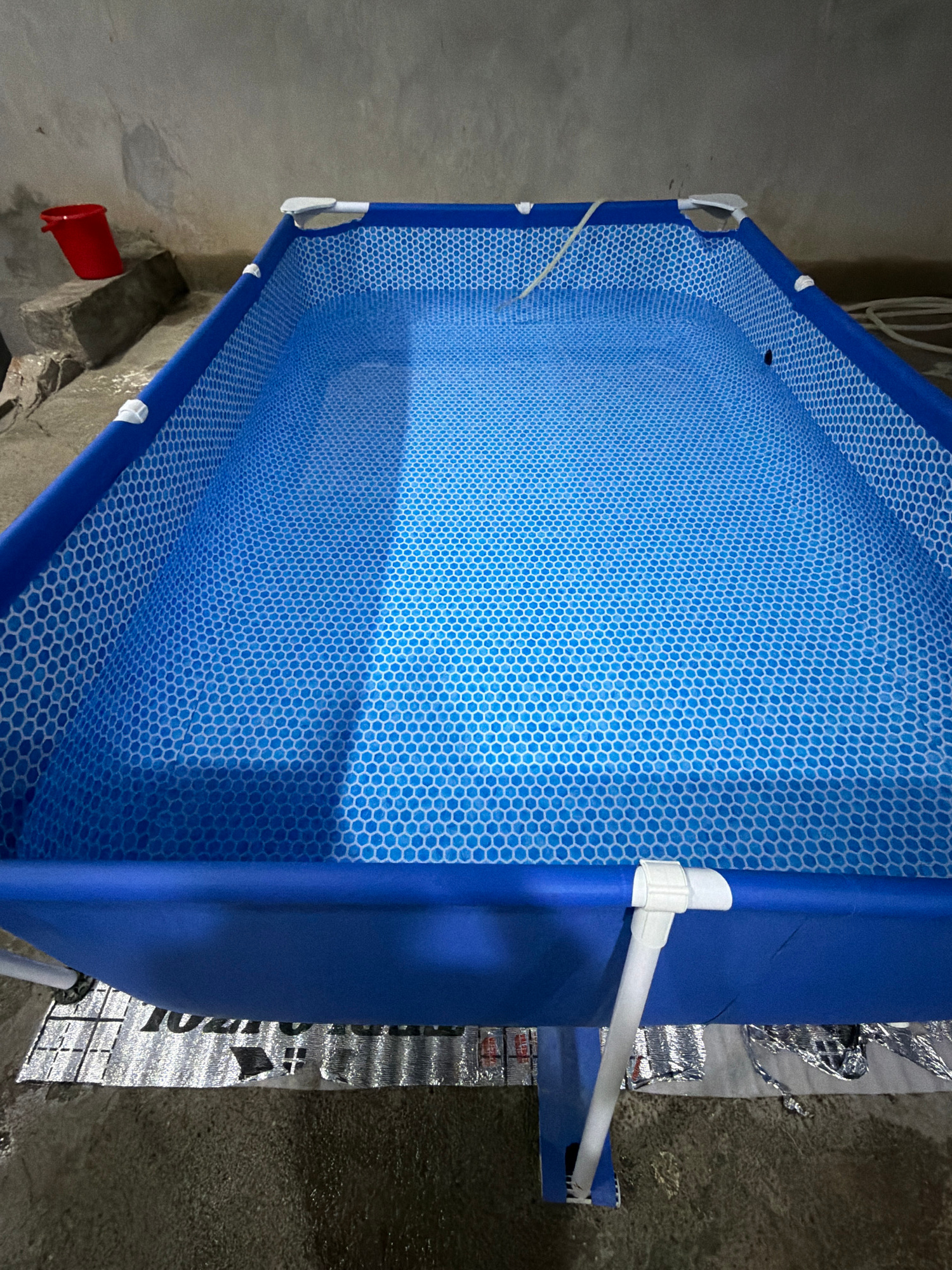 The image shows a partially filled blue rectangular above-ground swimming pool with a white hexagonal pattern on the inside. The pool is situated on a concrete surface, possibly outdoors, with a gray wall in the background. To the left of the pool, on top of two rough stones, is a small red bucket. A white hose or tube is visible entering the pool from the top edge on the right side and extending across the water's surface. The pool is supported by metal legs and placed on a silver, possibly reflective, mat. The overall impression is of a simple setup for a temporary pool. The specific location within Samarkand City, Uzbekistan cannot be determined from the visual information provided in the image.