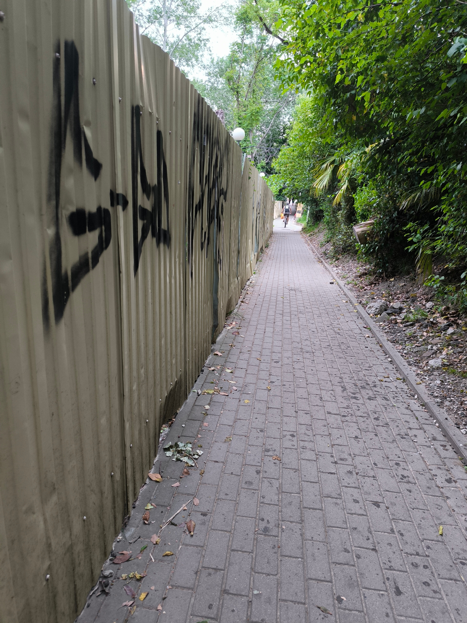 A paved walkway runs alongside a corrugated metal fence covered in black graffiti. The fence is on the left side of the image and stretches into the distance. On the right side of the walkway, there is dense green foliage. In the distance, a person on a bicycle is riding away from the camera down the walkway. The sky is overcast.