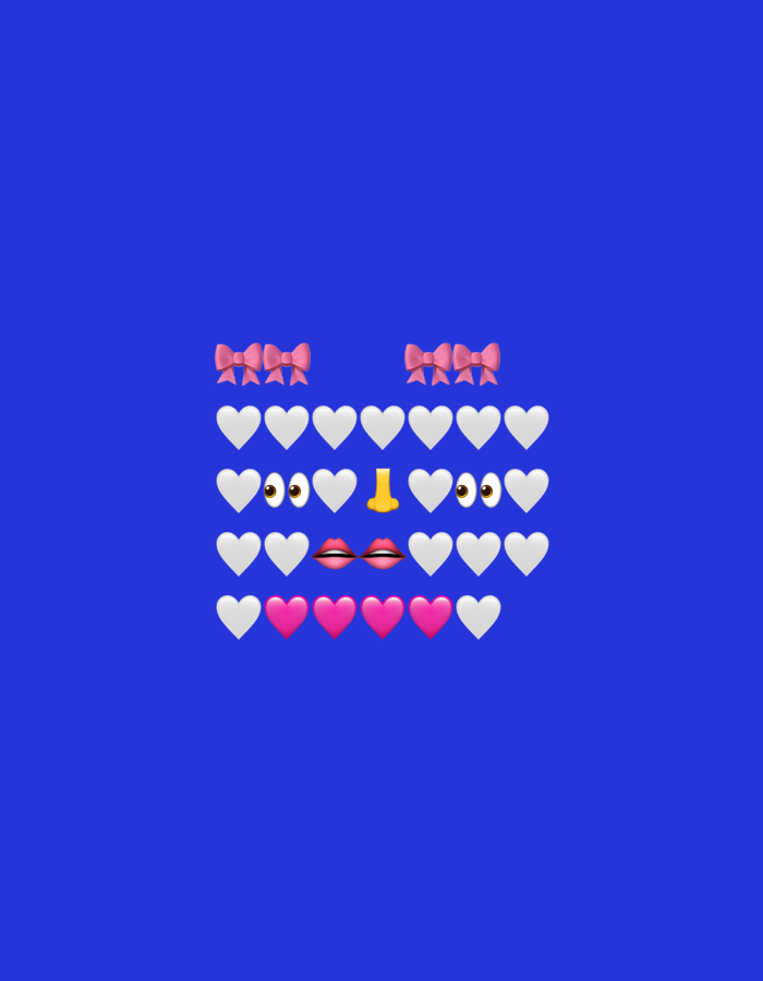 The image displays a pattern of emojis against a solid royal blue background. Two pink bows are positioned in the upper corners. Below the bows, four rows of heart emojis are arranged. The first row consists of eight white hearts. The second row has six white hearts interspersed with two brown eye emojis and a yellow nose emoji. The third row features four white hearts, two lip emojis, and two more white hearts. The final row contains seven pink hearts and one white heart. The image does not contain any information or visual cues to indicate a location in Tbilisi, Georgia.