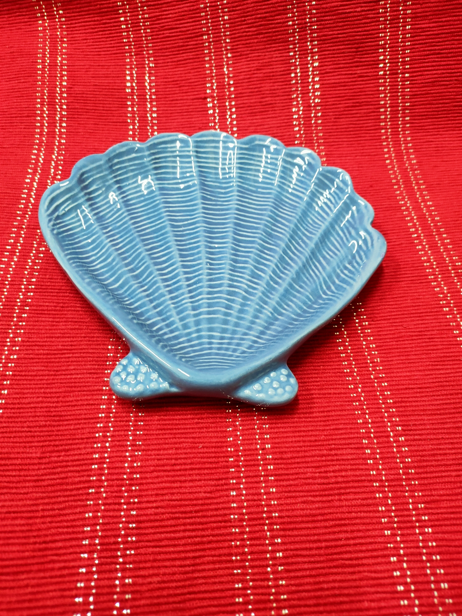 A light blue ceramic shell-shaped dish sits on a red textured surface with thin, vertical white pinstripes. The dish has a ribbed interior resembling the inside of a shell and is slightly raised on two small, bumpy protrusions at the base. The lighting casts subtle shadows around the dish. The image is cropped to focus on the dish and the immediate surface it rests on. There are no people or animals present, and no discernible elements that would place it within a specific city like Nosivka, Ukraine. The scene appears to be a still life arrangement.