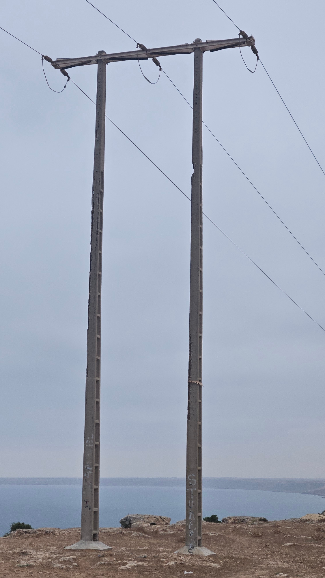 An outdoor, medium-shot, eye-level, vertical, natural light image features two identical, tall, grey, concrete utility poles standing side-by-side on a barren, rocky coastline overlooking a vast body of water under a heavily overcast sky. The poles are T-shaped at the top, with a horizontal beam supporting insulators from which dark wires are suspended. The poles are rectangular and have a series of evenly spaced square openings running vertically along their length. Both poles exhibit signs of wear and tear, with chips and cracks visible on their surfaces, and graffiti in white spray paint is present on the lower sections of both poles. The ground around the poles is covered in dry, brown, and grey rocks and sparse, low-lying vegetation. The water, a muted blue, stretches to the horizon, where it meets a pale, hazy sky. The overall atmosphere is bleak and desolate.