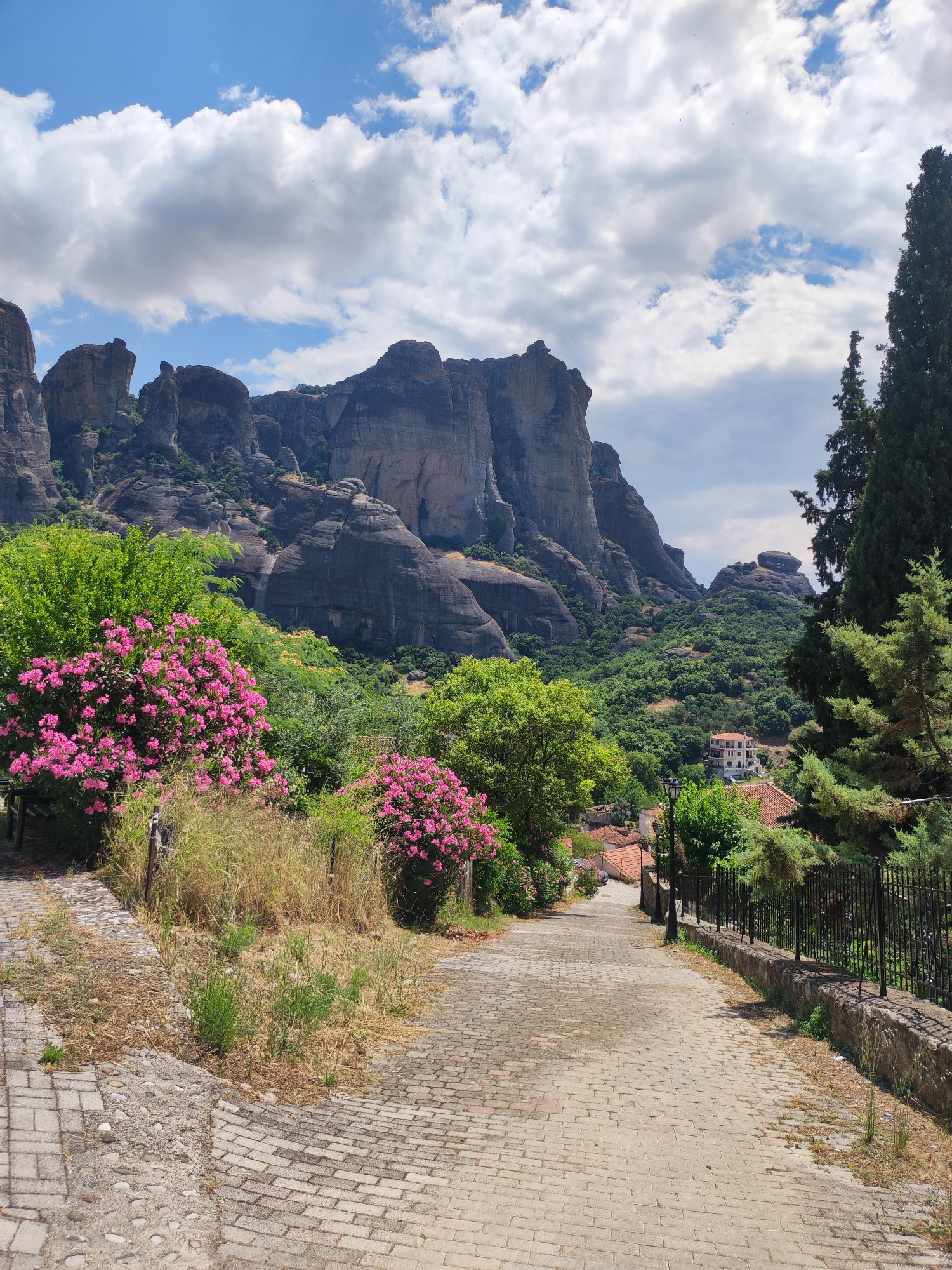 This image captures a scenic view in Kalabaka, Greece, featuring the iconic Meteora rock formations. The foreground is dominated by a paved pathway winding its way downhill, bordered by a black metal fence on the right and lush greenery on the left. The pathway is made of light-colored bricks, interspersed with patches of dry grass and small stones.
On the left side of the path, vibrant pink oleander bushes are in full bloom, adding a splash of color to the scene. Behind them, more trees and foliage are visible, leading the eye towards the magnificent rock pillars in the background. These massive, sheer rock formations rise dramatically against a bright blue sky dotted with fluffy white clouds. The rocks are imposing and weathered, showcasing natural geological formations.
In the middle ground, nestled amongst the greenery, are a few red-tiled roofs and a white building with red trim, suggesting a small village or settlement. A tall cypress tree stands out on the right side of the image, adding to the vertical elements of the landscape.
The weather appears clear and sunny, with the light suggesting it is daytime, likely late morning or early afternoon. The overall impression is one of natural beauty and tranquility, with the human presence indicated subtly by the pathway and buildings. There is no visible text in the image.