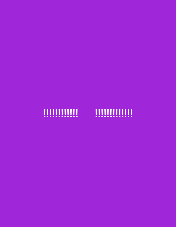 The image is a minimalist design featuring a solid purple background. Centered horizontally on the lower half of the image are two rows of identical white exclamation points. The left row contains 10 exclamation points, and the right row also contains 10 exclamation points. There are no other objects, people, or discernible environmental features present in the image. There is no information available within the image to associate it with Warsaw, Poland.
