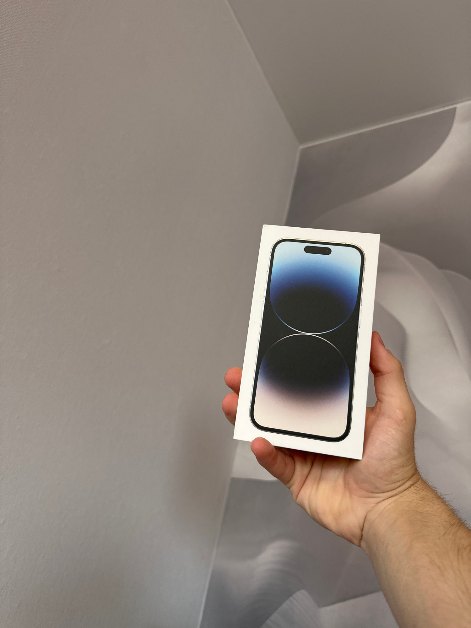 A hand holds a boxed iPhone 14 Pro against a wall with a subtle curved pattern. The iPhone box displays a picture of the phone with its distinct notch and camera lenses. The background is a plain wall with a curved white design. The lighting is natural and appears to be coming from the left. The image was taken indoors. The location is not specified in the image, and therefore cannot be determined to be in Birobidzhan, Russia.
