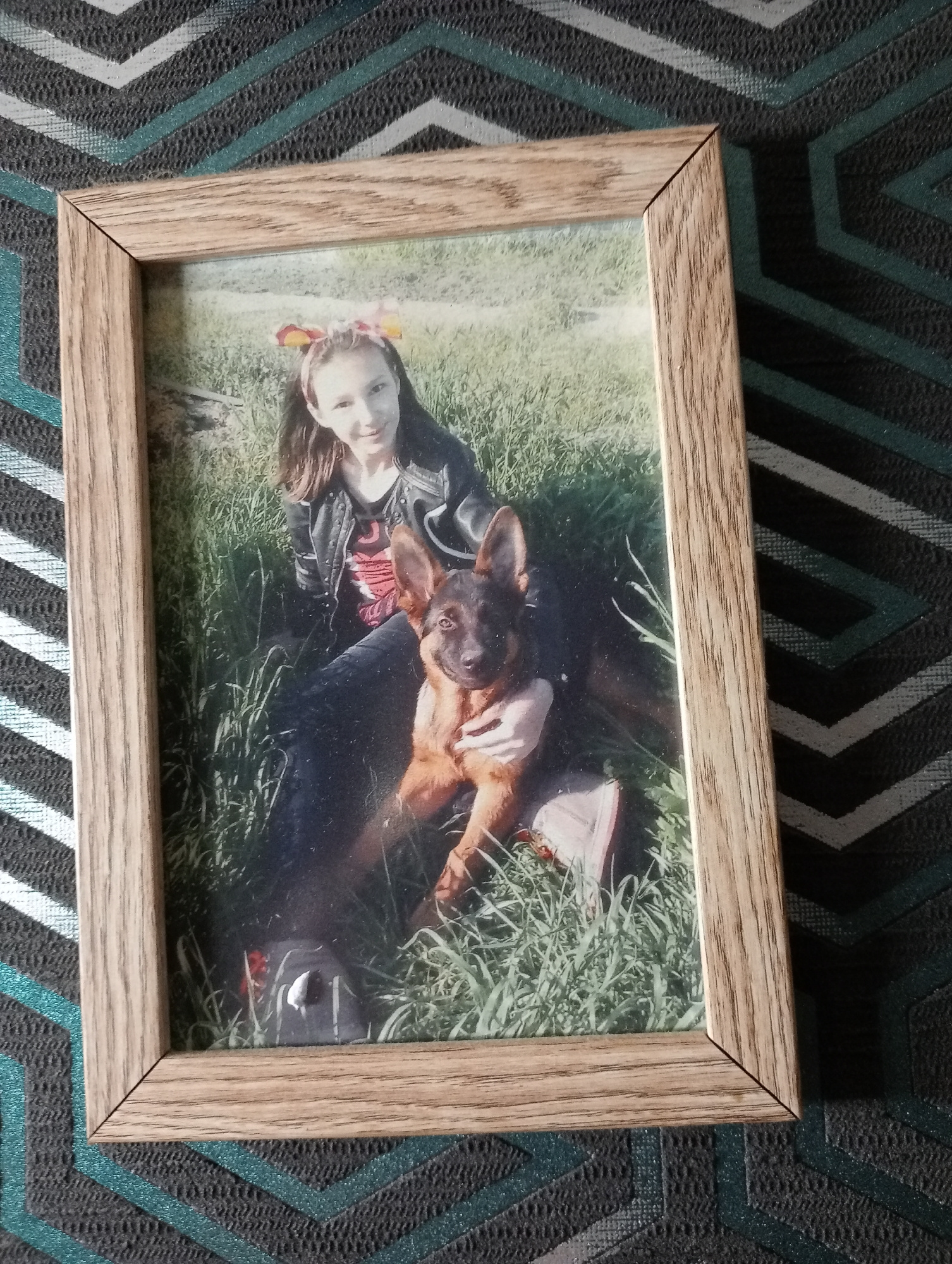A framed photograph is displayed on a patterned surface. The photograph features a young girl with long, dark hair and a headband, sitting in tall green grass. She is wearing a black leather jacket over a red graphic t-shirt and dark pants. A young German Shepherd puppy sits in her lap, being held by her left arm. The puppy has dark brown and tan fur and large ears. The background of the photograph is blurred, suggesting an outdoor setting. The frame is made of light-colored wood. The surface beneath the frame has a geometric pattern of dark grey and teal.