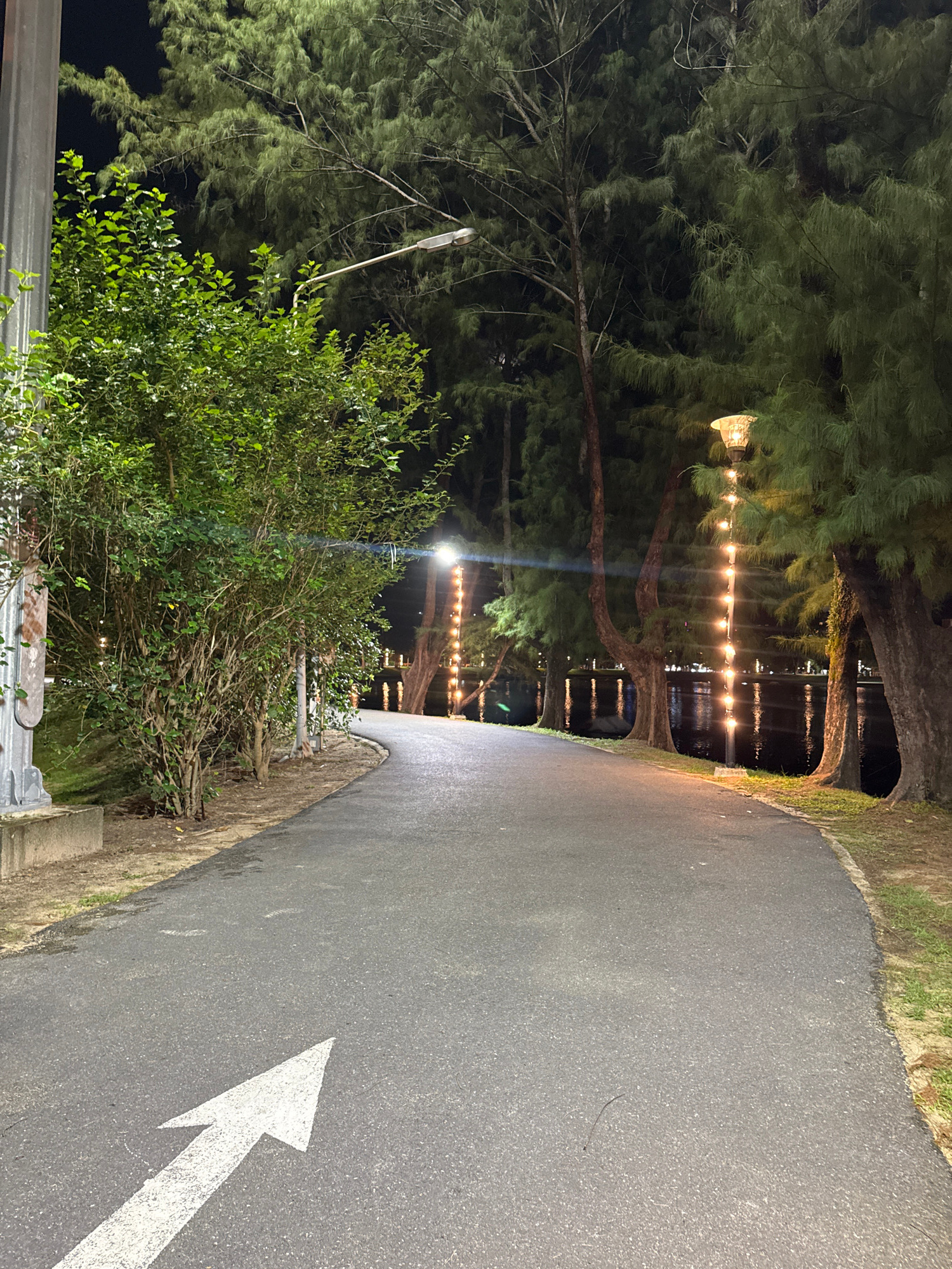 The image depicts a paved pathway illuminated by streetlights at night in Karon, Thailand. The pathway curves to the right, bordered by lush green trees and vegetation on the left, and a body of water with reflections from lights on the right. Several lampposts, some adorned with strings of lights, line the path and the edge of the water. A white arrow is painted on the pathway, indicating direction. The scene is tranquil and appears to be a park or recreational area.