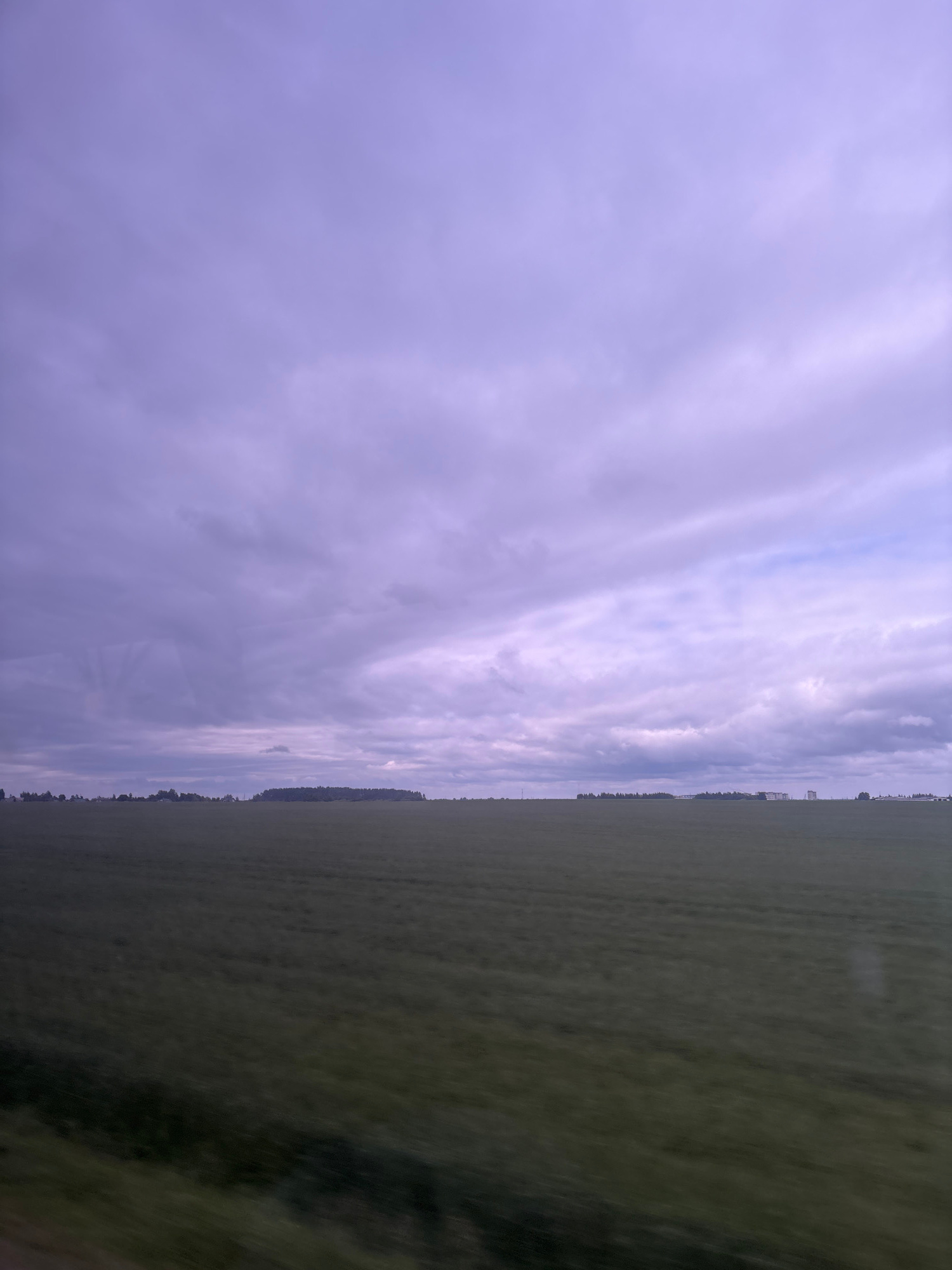 The image depicts an expansive, low-lying agricultural landscape under a cloudy, pale purple sky. The foreground is dominated by a field of green vegetation, possibly crops, exhibiting a blurred, streaked appearance indicative of motion, likely captured from a moving vehicle. In the mid-ground, a dense line of trees stretches across the horizon, forming a dark band against the lighter sky. Beyond the trees, a low cluster of buildings, appearing as white rectangular structures, is visible, suggesting a settlement or industrial area. The sky is filled with wispy, layered clouds, with lighter tones suggesting breaks in the cloud cover. The overall impression is one of a rural or semi-rural environment on an overcast day, possibly during twilight given the subdued lighting and purple hues in the sky. The location is identified as Дукорскі сельскі Савет, Belarus.