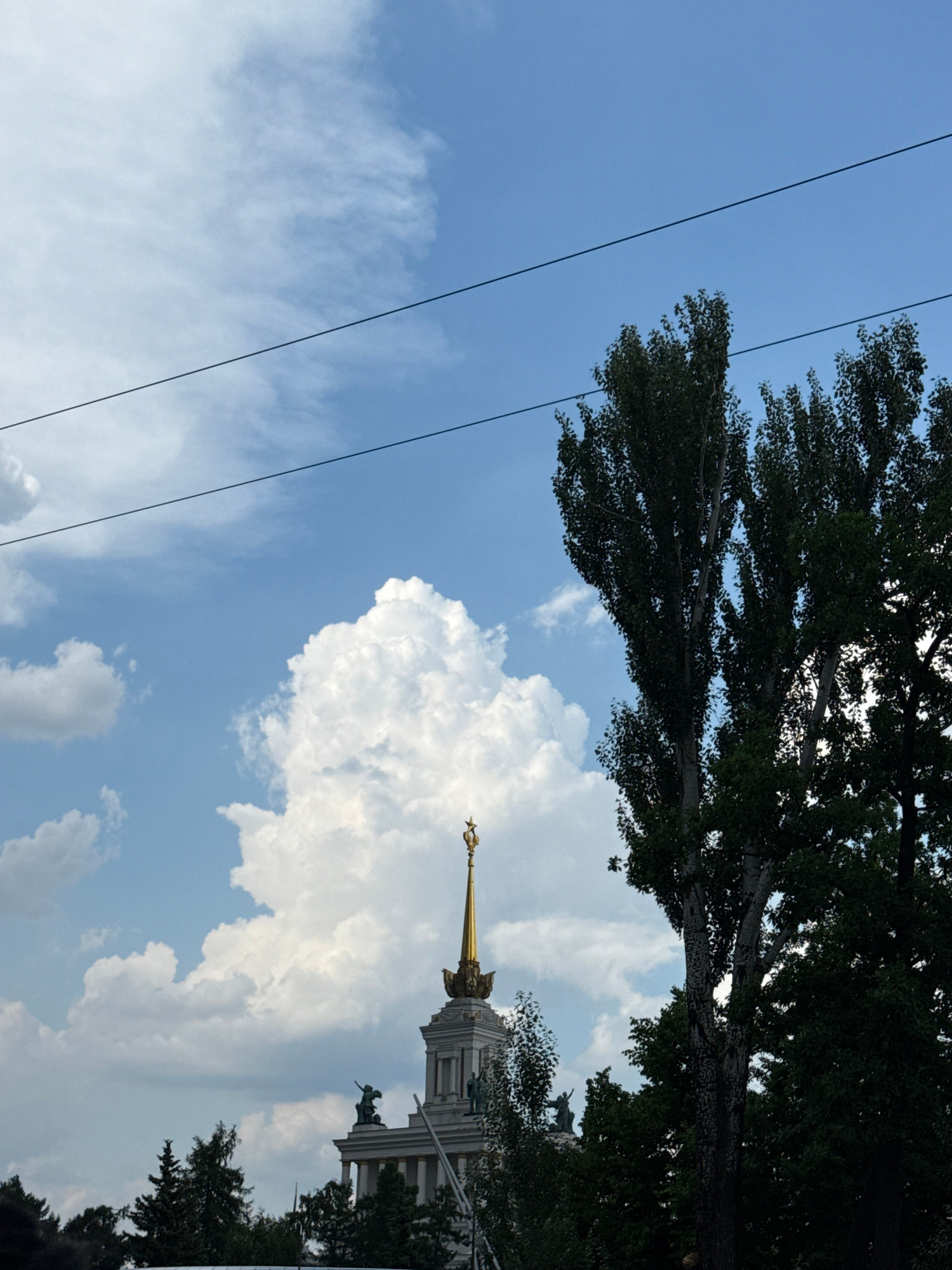 This is a vertical, low-angle outdoor photograph taken during the day. The image features a bright blue sky with scattered white clouds, some of which are large and puffy. In the foreground, a dense green tree canopy dominates the top portion of the frame, with its dark leaves obscuring parts of the sky. Several thin, black electrical wires run diagonally across the image from the left side.
Partially visible in the background, behind the clouds and peeking through the trees, is the upper portion of an ornate building. This structure appears to be made of light-colored stone and features classical architectural elements, including columns and statues. A prominent golden spire topped with a star crowns the building, suggesting it might be a significant monument or landmark. One of the statues, positioned on a ledge of the building, depicts a figure in a dynamic pose.
The lighting suggests it is daytime, likely late morning or early afternoon, with the sun filtering through the leaves of the tree. The weather appears pleasant, with a clear sky and visible clouds. The presence of the building with its distinctive spire, and the context of Khimki, Russia, indicates this could be a view of a well-known architectural site within the city. No people or text are clearly visible in the image. The overall mood is one of serene observation of the sky and a grand structure.