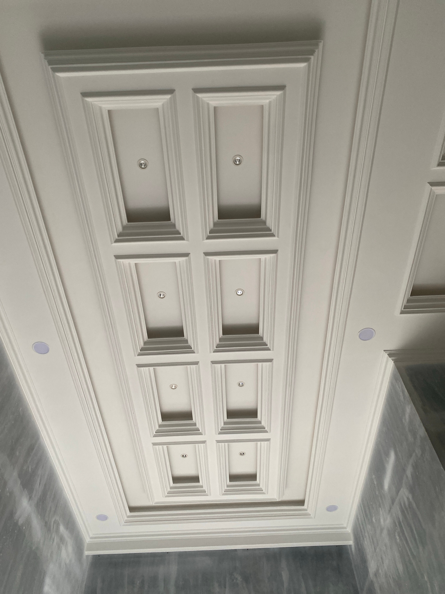 The image shows a white coffered ceiling with recessed lighting. The ceiling has a decorative molding that frames rectangular recessed panels. The panels are arranged in a grid pattern. There are multiple recessed lights visible within the panels. The walls on either side appear to be unfinished, with a gray, textured surface. The image is taken from a low angle, looking up at the ceiling. There is no specific information available about the location in Meunasahlhok, Indonesia, or any people or actions depicted in the image.