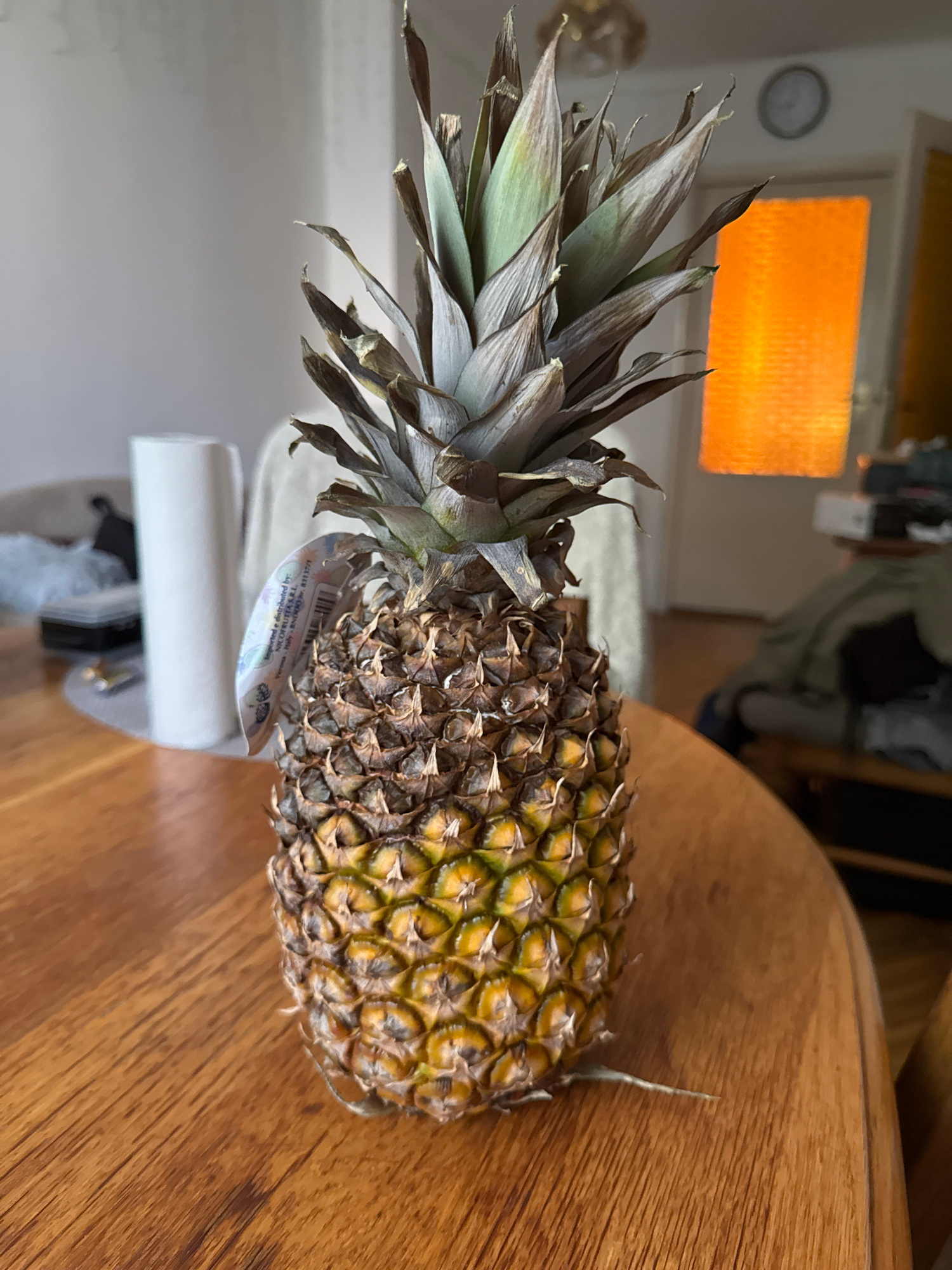 A pineapple with a sticker is centered on a wooden table. The pineapple is mostly brown with yellow hues near the bottom and green leaves at the top. The sticker on the pineapple appears to be a product label. In the background, a white paper towel roll is visible on the left. Further back, a wall and a window with an orange light are present. The scene is indoors, possibly a residential setting, and there are no people or animals in the image. The image does not contain any information about the city of Bielsko-Biala, Poland.