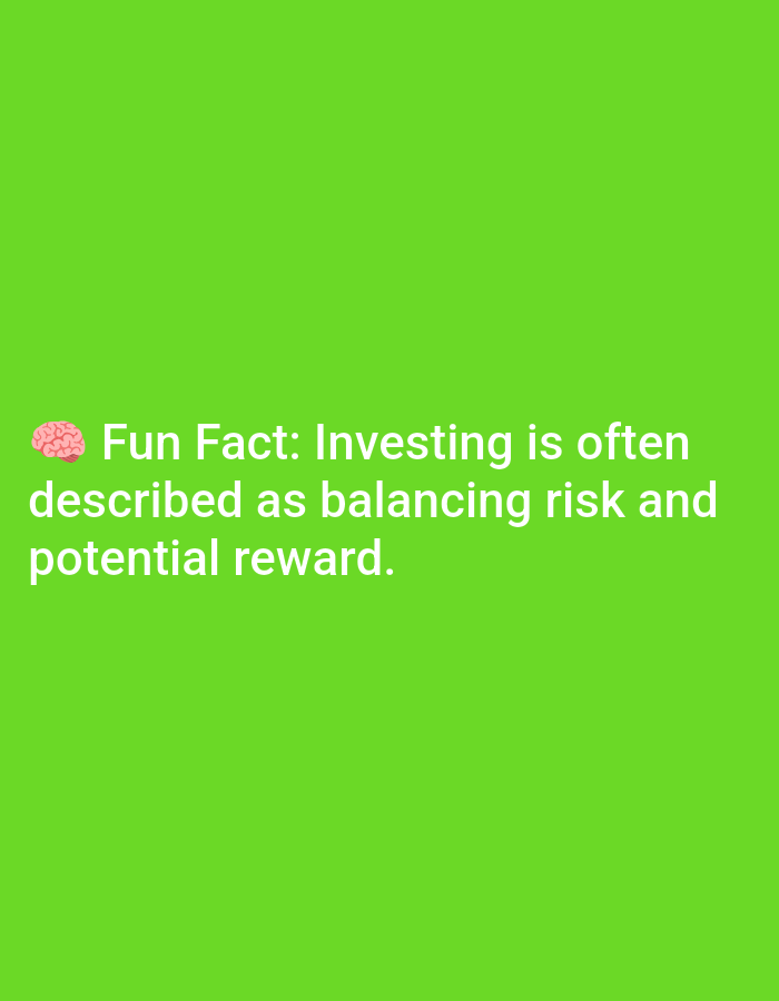 This is a digital image with a bright green background. In the bottom left corner, there is a small pink cartoon illustration of a brain. To the right of the brain, there is white text that reads, "Fun Fact: Investing is often described as balancing risk and potential reward." There are no discernible landmarks or elements that would place this image in Lagos, Nigeria.