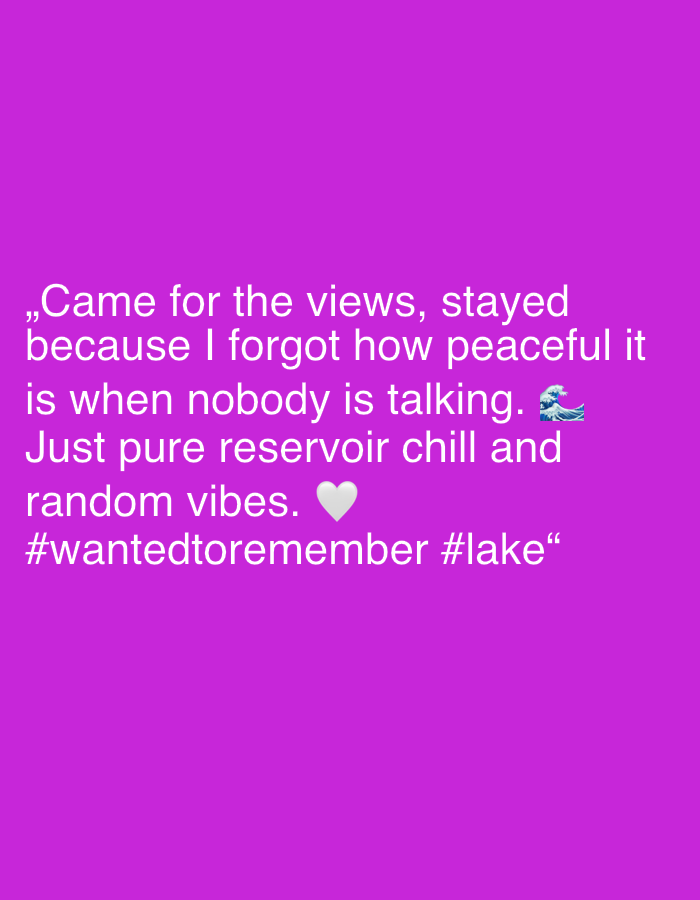 This is a digital image with a solid purple background. White text is overlaid on the image, forming a quote. The text reads: "„Came for the views, stayed because I forgot how peaceful it is when nobody is talking. 🌊 Just pure reservoir chill and random vibes. 🤍 #wantedtoremember #lake"".
The quote expresses a feeling of peace and tranquility, likely experienced in a natural setting such as a lake, implied by the hashtag "#lake" and the wave emoji. The heart emoji suggests a feeling of affection or fondness for the experience. The quote appears to be a personal reflection on finding solace and quietude. There are no visible people, objects, or specific scene elements other than the text itself. The time of day, weather, and specific location are not indicated.