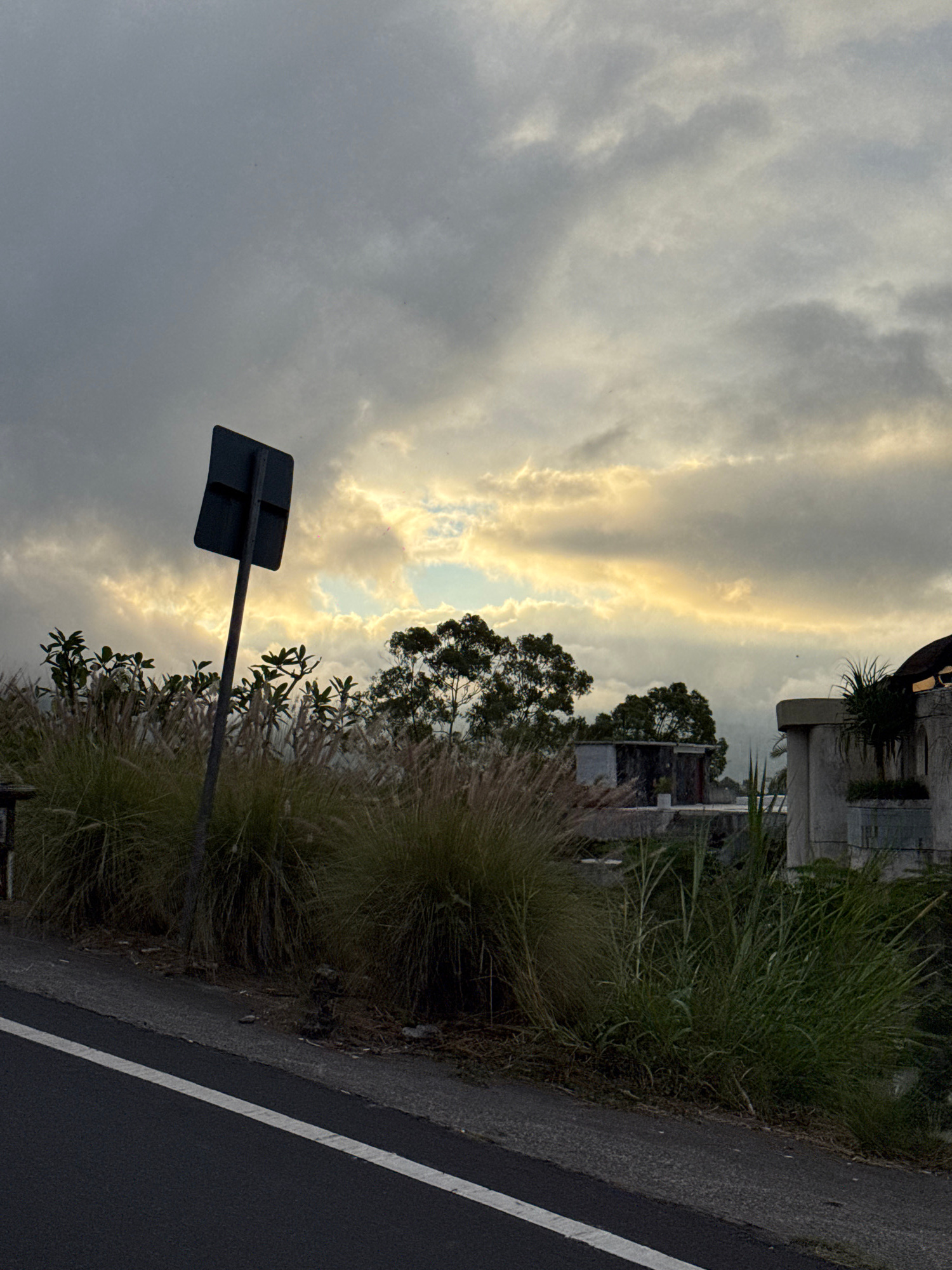 A dark, angular signpost stands tilted on a grassy verge next to a paved road with a white line. The sky above is overcast with dramatic, luminous clouds, suggesting either dawn or dusk. In the background, several buildings are visible, including a concrete structure with an arched roof and what appear to be residential or commercial buildings. Dense vegetation, including tall grasses and bushes, flanks the road and the buildings. The scene is set in Kintamani, Indonesia, a location known for its volcanic landscapes and elevated position.