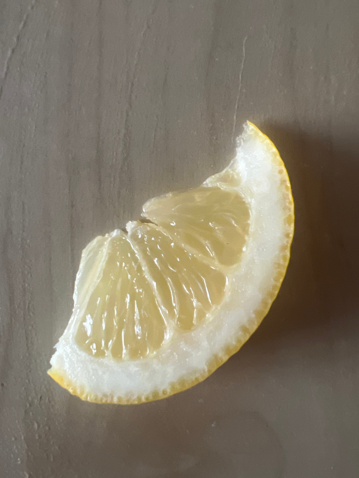 A single, bright yellow lemon slice rests on a textured, neutral-colored surface. The slice is cut from the rind inwards, revealing juicy, translucent segments. The rind itself is thick and white, transitioning to a thin yellow outer edge. The surface appears to be a flat, possibly stone or wood, with subtle vertical striations and some slight discoloration or texture variations. The lighting casts a soft shadow to the right of the lemon slice, indicating a light source from the upper left. There are no people or other objects present. The image is a close-up, focused primarily on the lemon slice. The location in Vilnius, Lithuania is not determinable from the image content.