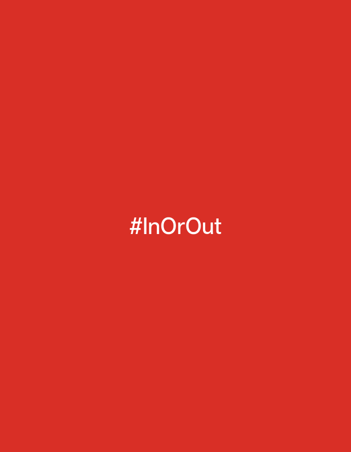 The image is a solid red background with white text in the center that reads "#InOrOut". There is no indication of the city of Shelekhov, Russia, or any other environmental or contextual details.