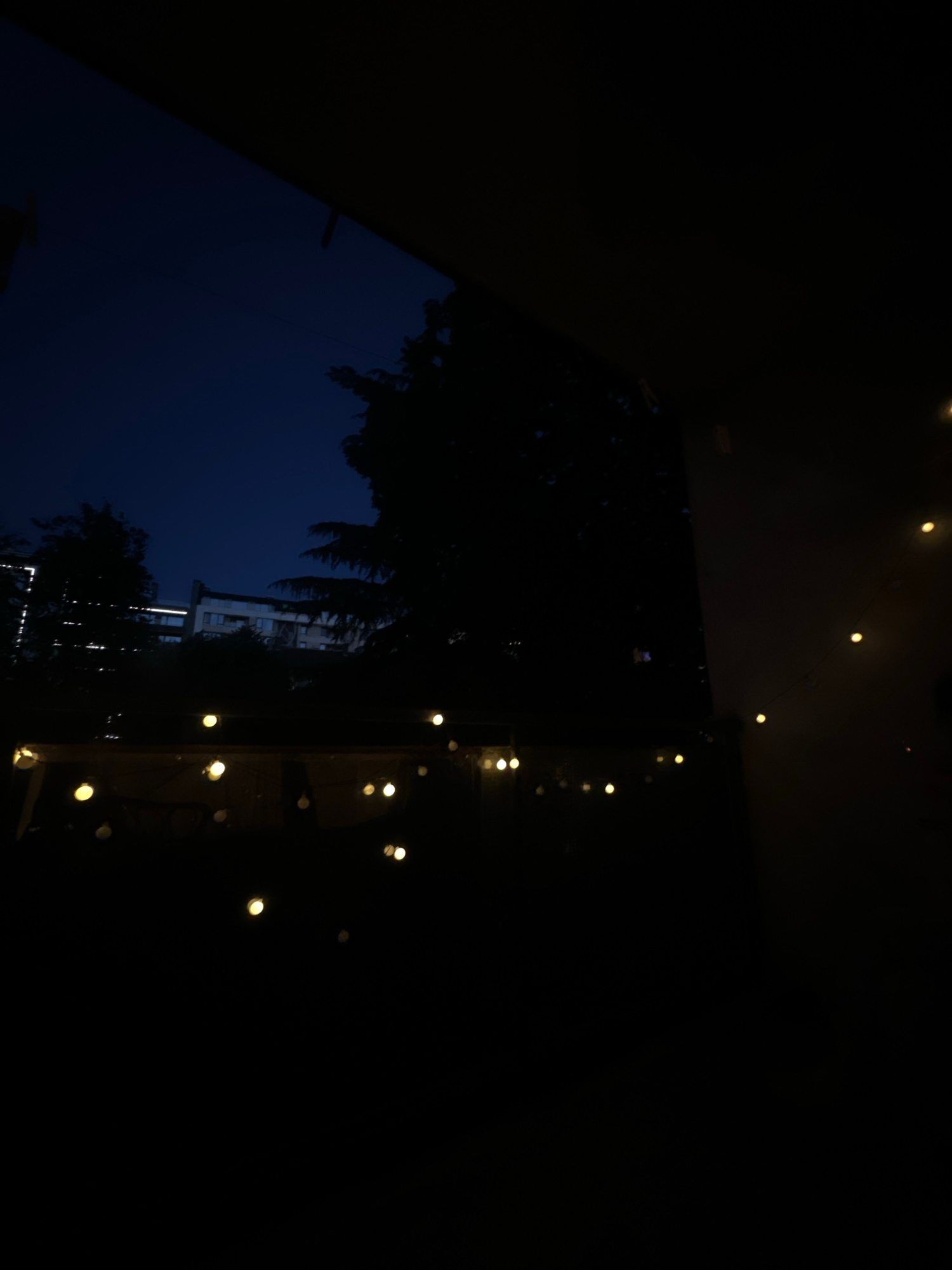 The image depicts a dark outdoor scene at dusk or night, likely from a balcony or similar elevated vantage point. The sky is a deep navy blue, with some faint lights visible in the distance, possibly from buildings. Silhouetted trees are present, obscuring parts of the background. Along the bottom of the frame, a string of warm, yellow fairy lights is strung across what appears to be a railing or fence, casting a soft glow. The overall atmosphere is quiet and peaceful. The location is the city of Sofia, Bulgaria.