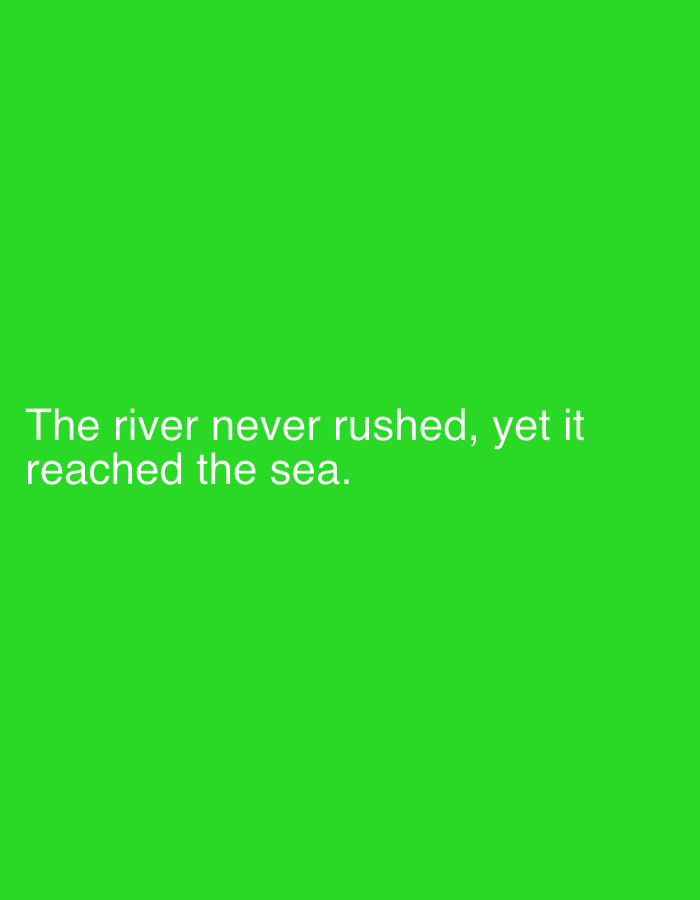 The image displays a plain, bright green background with white text. The text reads: "The river never rushed, yet it reached the sea." The scene is devoid of any geographical context, people, or objects, and therefore cannot be located in Jalingo, Nigeria or any other specific location.