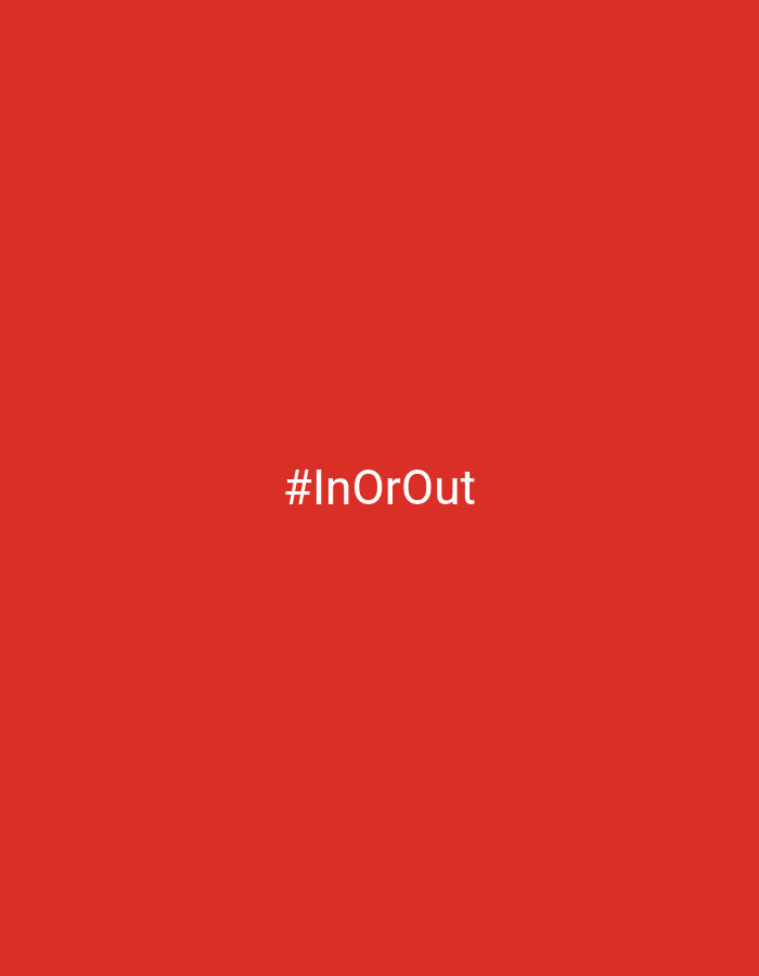 The media file is a square image with a solid red background. Centered on the image, in white text, are the words "#InOrOut". There are no people, objects, or any discernible scene or setting. The image appears to be a graphic or a logo with a simple textual message. No activity or event is depicted. There are no details about the time of day, weather, or specific location beyond the provided context of Viadana, Italy, which is not visually evident in the image itself. The prominent and only notable detail is the hashtag text.