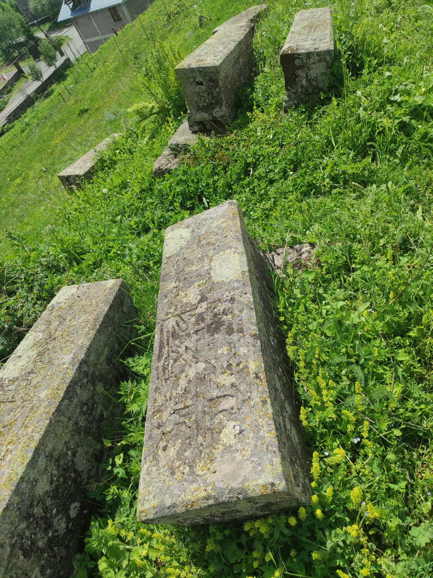 The image depicts a weathered, rectangular stone monument, possibly a tombstone or historical marker, situated on a grassy hillside. The monument is covered in lichen, with visible inscriptions on its surface, though they are difficult to decipher. It is surrounded by lush green vegetation, including tall grasses and small yellow wildflowers. In the background, several similar stone structures can be seen scattered across the slope, along with a building with a blue roof and a path or road. The overall scene suggests an outdoor historical or archaeological site in a rural or semi-rural setting. The location is identified as Kumlistsikhe, Georgia.