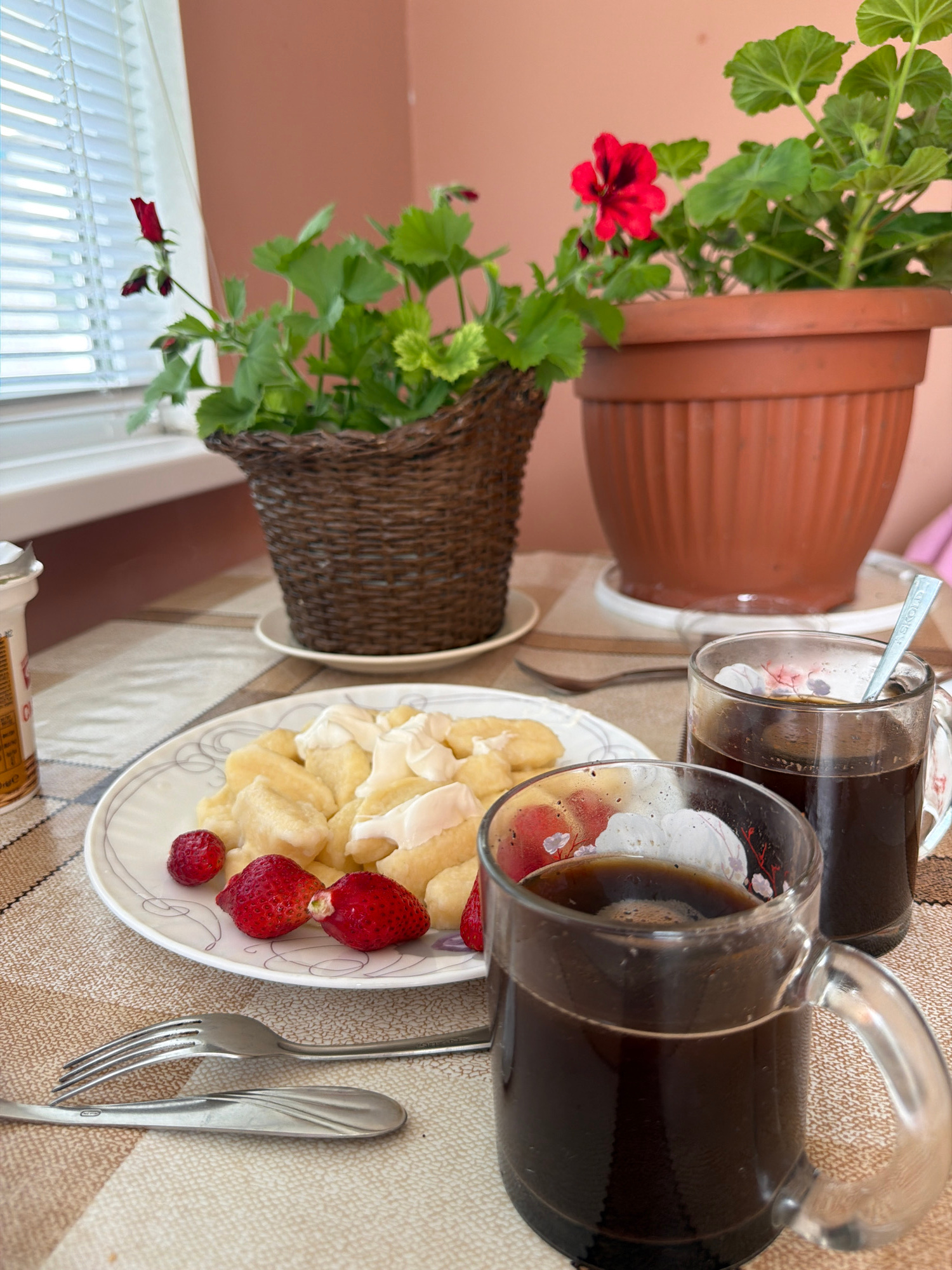 The image captures a breakfast setting on a table covered with a checkered tablecloth. A white plate with a decorative rim holds a portion of what appears to be sweet cheese dumplings, topped with dollops of sour cream or yogurt, and garnished with three fresh strawberries. To the right of the plate are two glass mugs filled with dark coffee. In the background, two potted plants with green leaves and red flowers are visible. One plant is in a woven basket, and the other is in a large terracotta pot. A window with white blinds is situated to the left, and a portion of a beige wall is visible in the upper right. Utensils, including two forks and a spoon, are laid out on the table. The scene is indoors, likely a home environment, with no discernible specific landmarks of Luka, Ukraine.